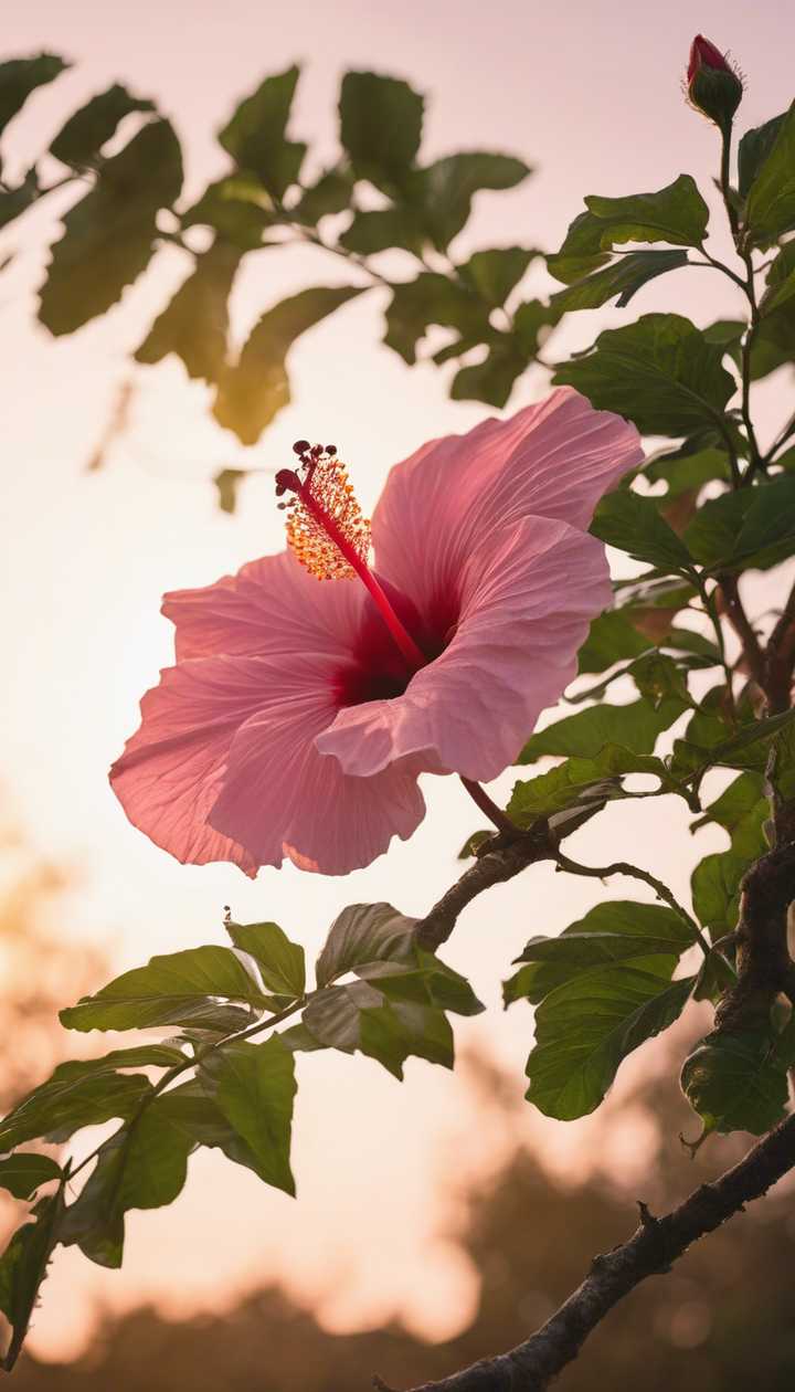 A pink hibiscus flower with an open bud