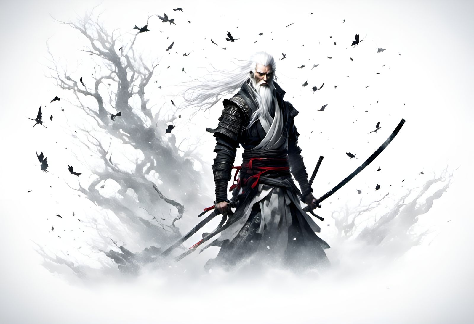 Flowing white hair anime samurai yōkai