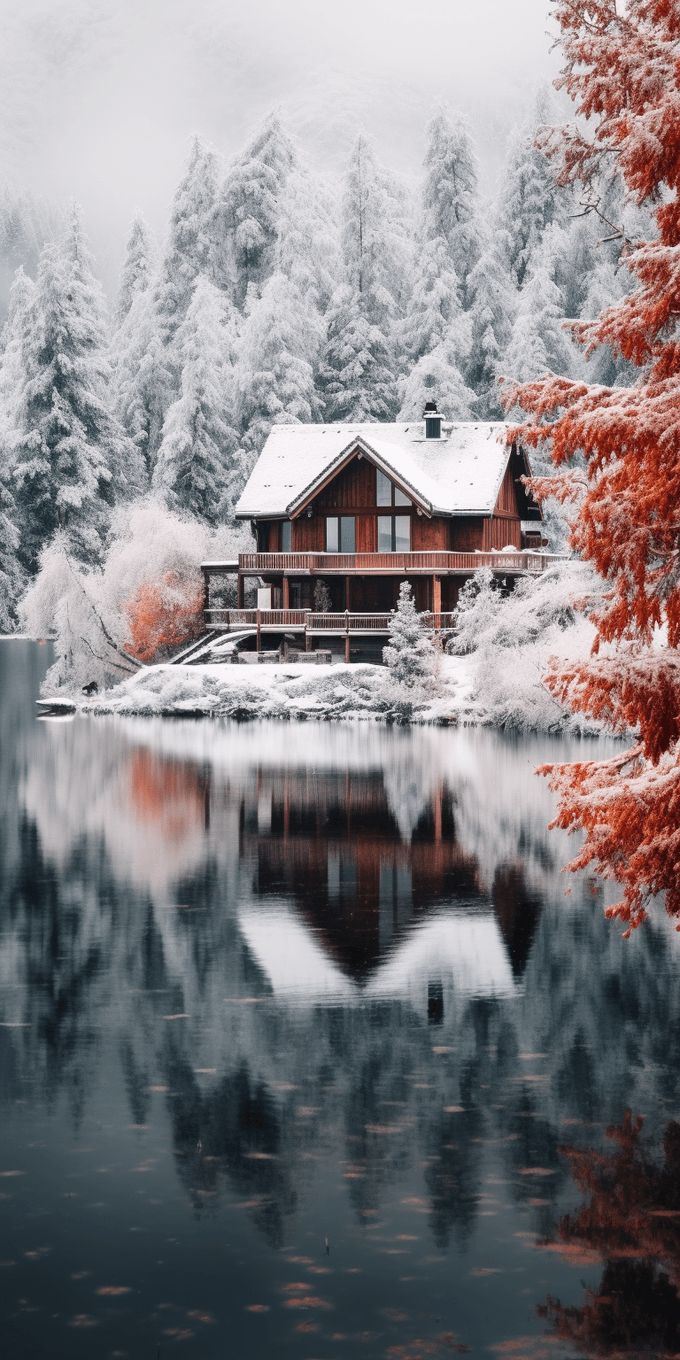 Cozy Winter Lake Cabin Wallpaper