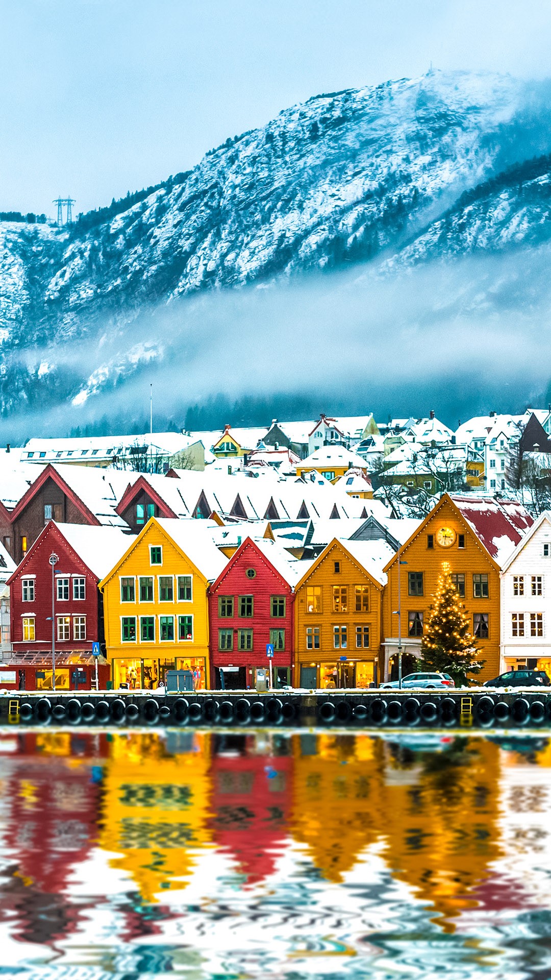 Winter view on Bryggen in Vågen harbour
