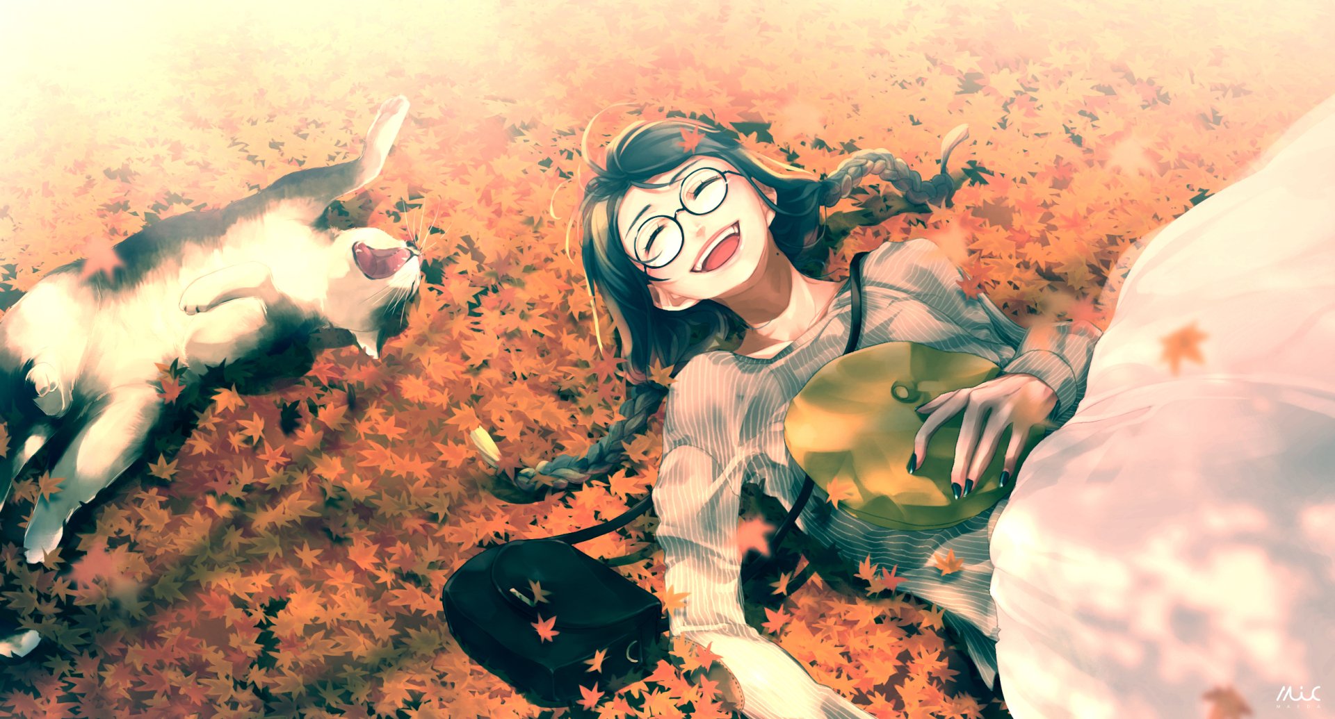 Autumn Sunlight HD Wallpaper: Anime Girl and Cat by 前田ミック