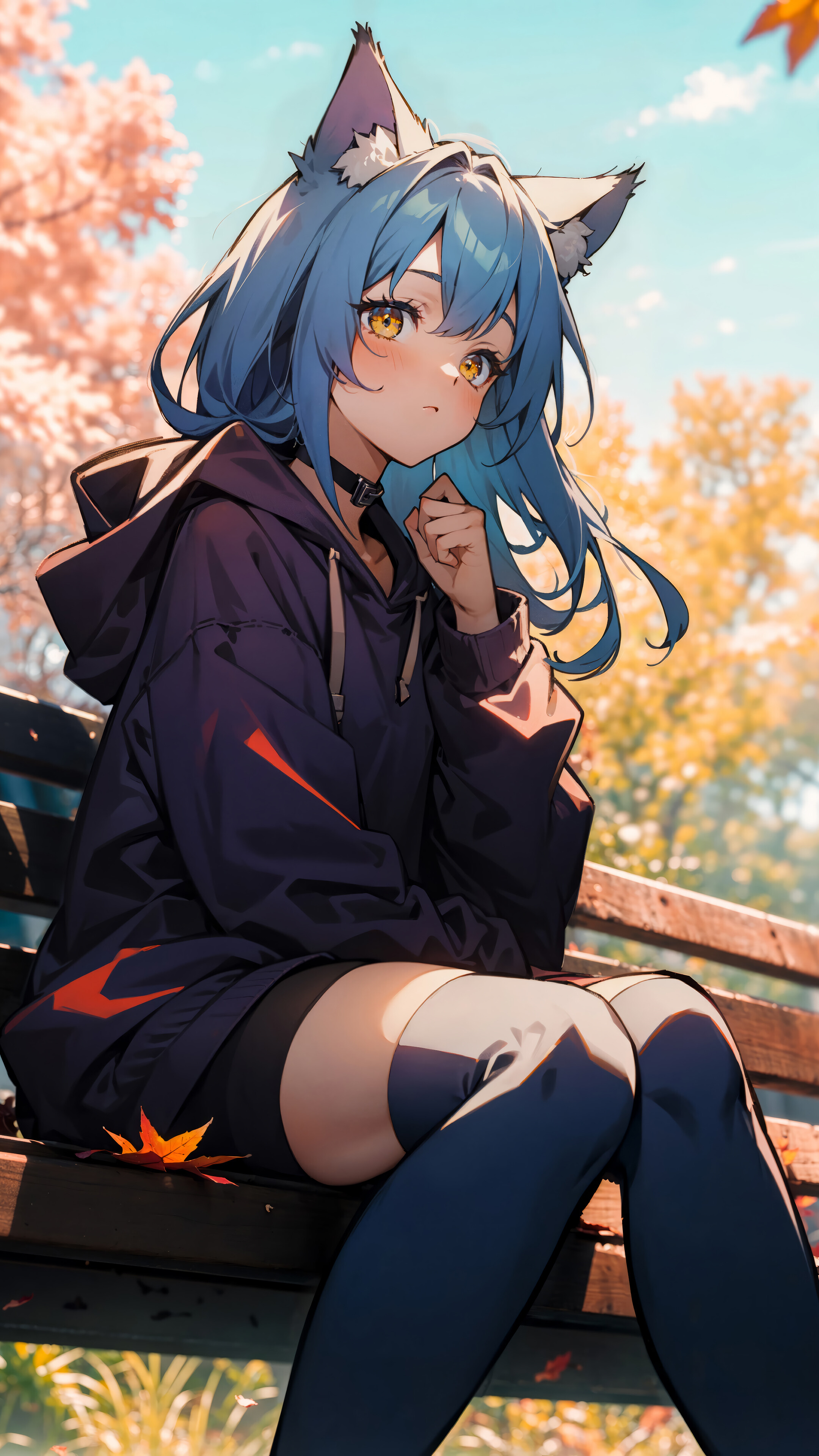 Anime Girl Animal Ear Bench Autumn Trees 4K Wallpaper iPhone HD Phone i