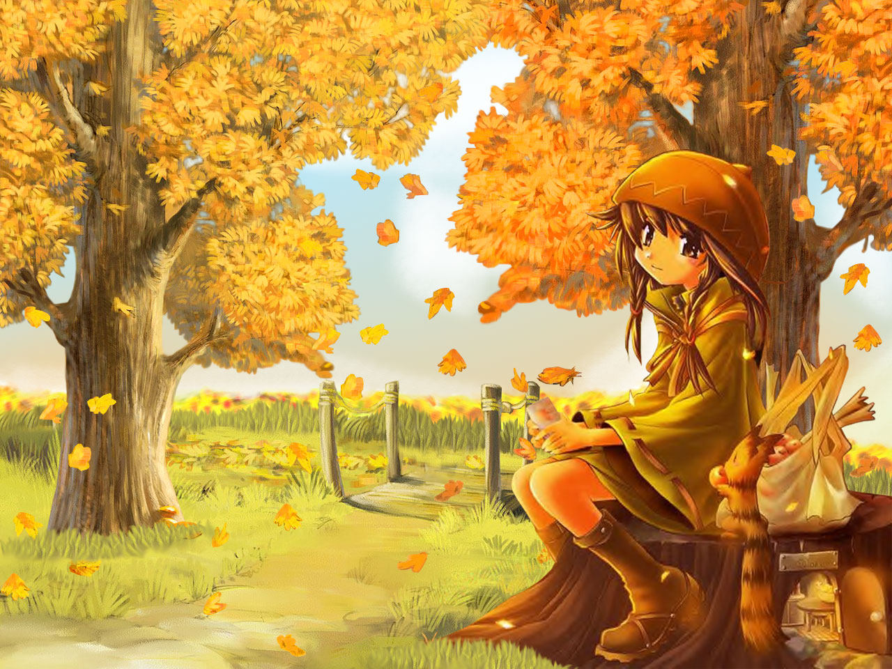 animal apple autumn boots braids brown eyes brown hair cat food fruit hat leaves tree. konachan.net.com Anime Wallpaper