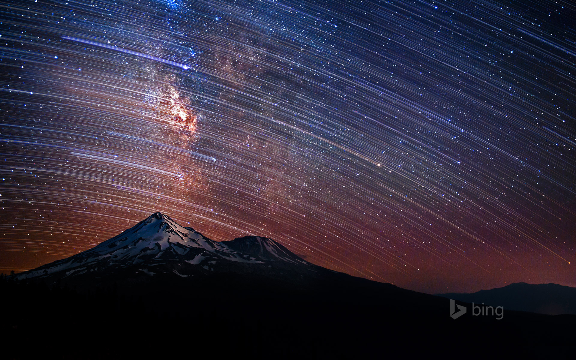 Star trails over Mount Shasta