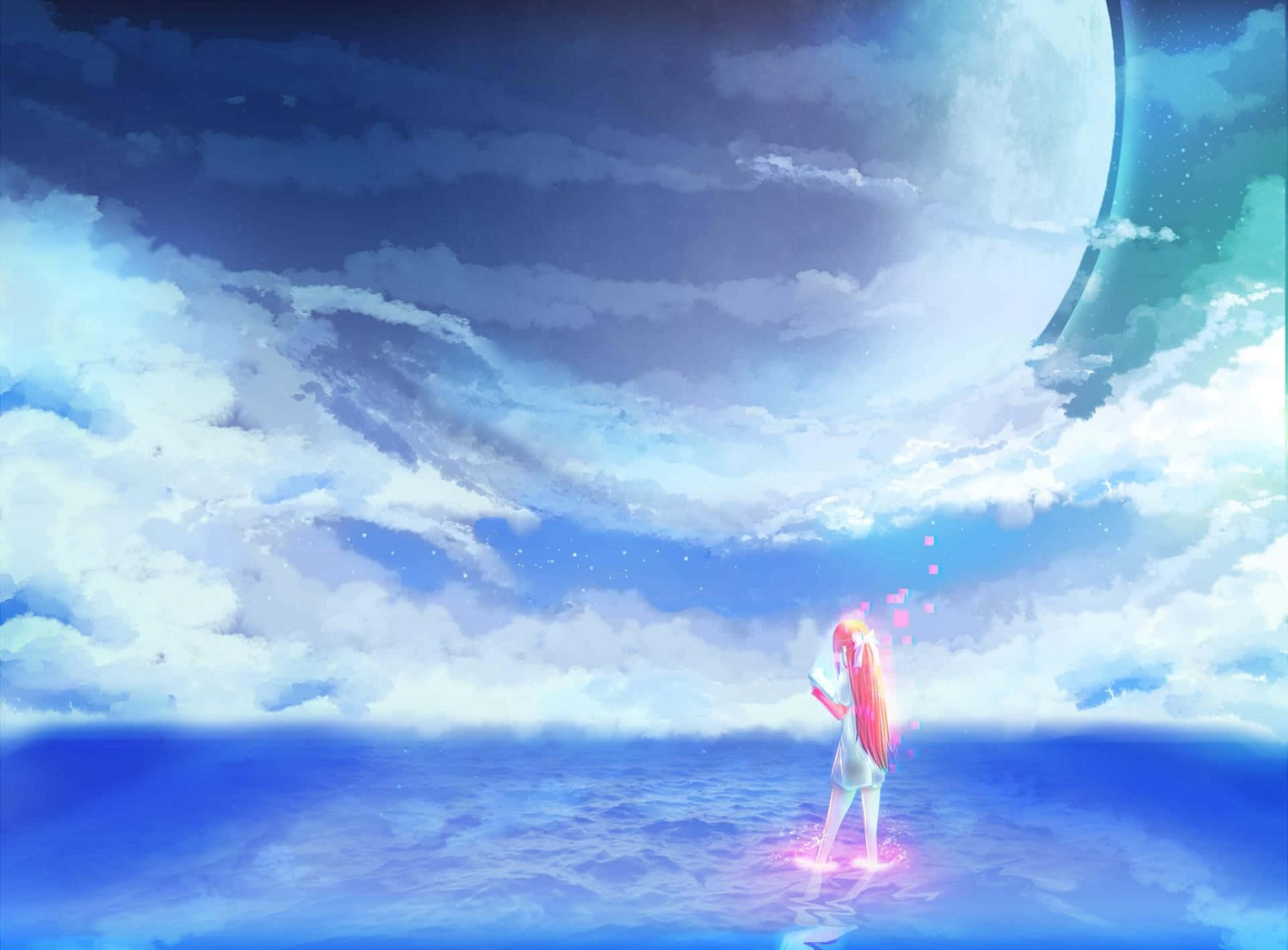 Calm Anime Scenery Big Moon Wallpaper