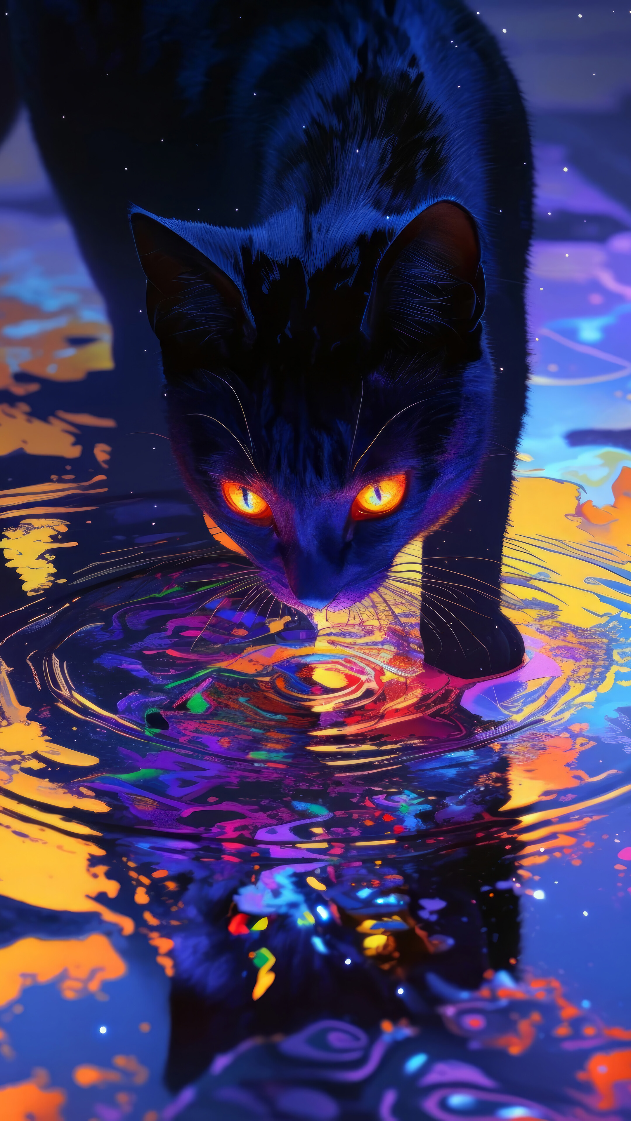 Black Cat Colorful Water 4K Wallpaper