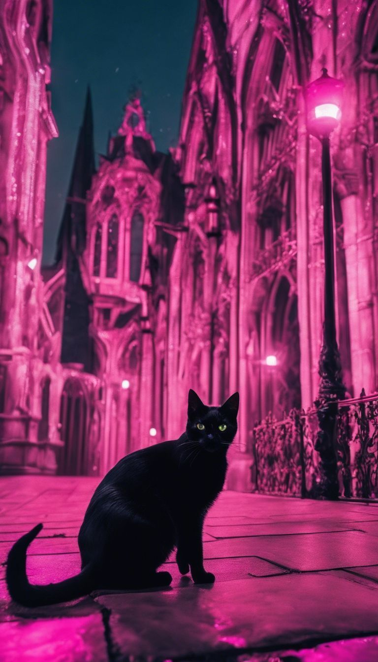 A black cat with neon pink eyes in a