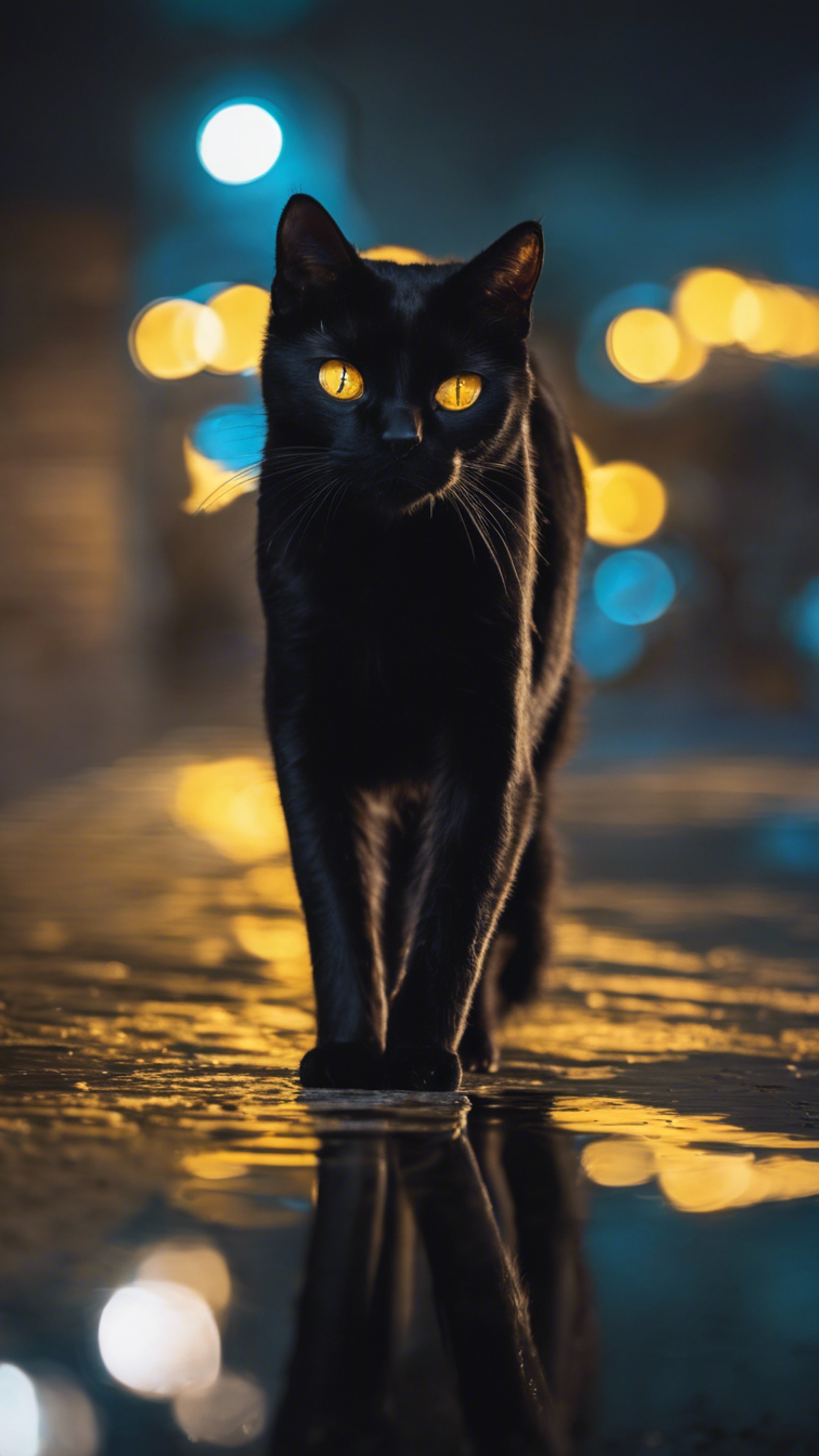 A black cat with glowing yellow eyes