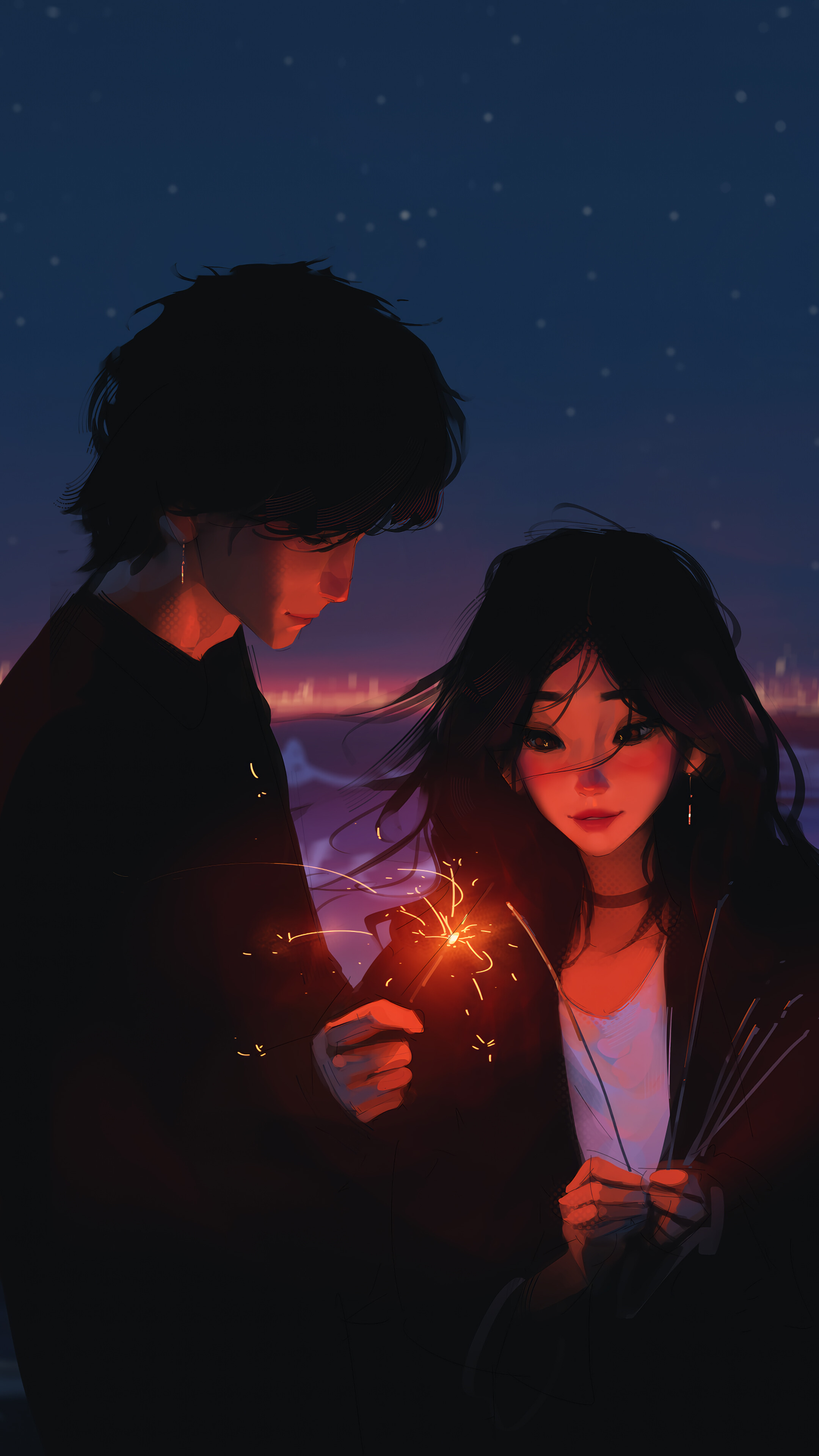 Night Beach Couple Sparkler 4K