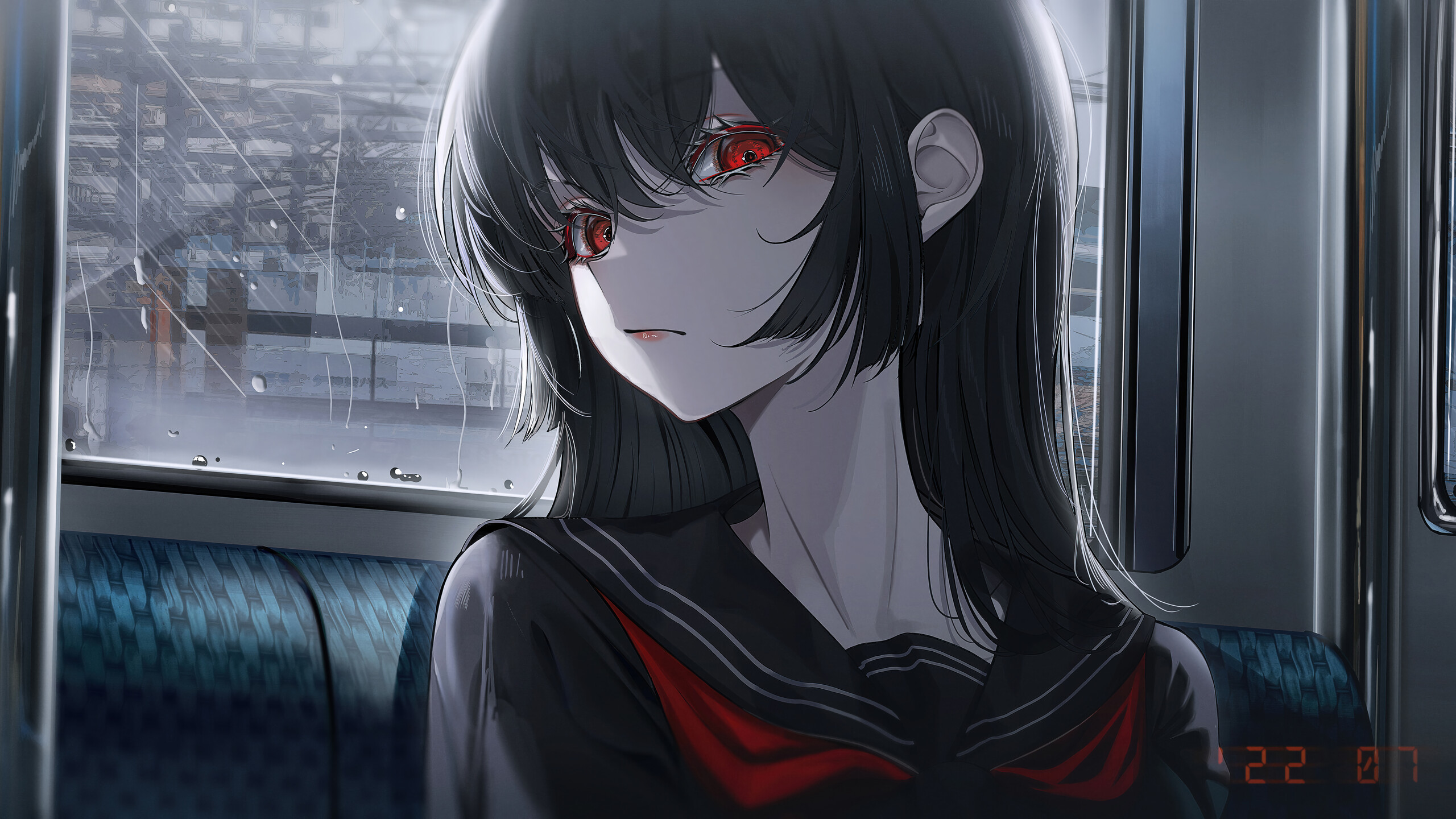 Anime School Girl Red Eye 4K Wallpaper