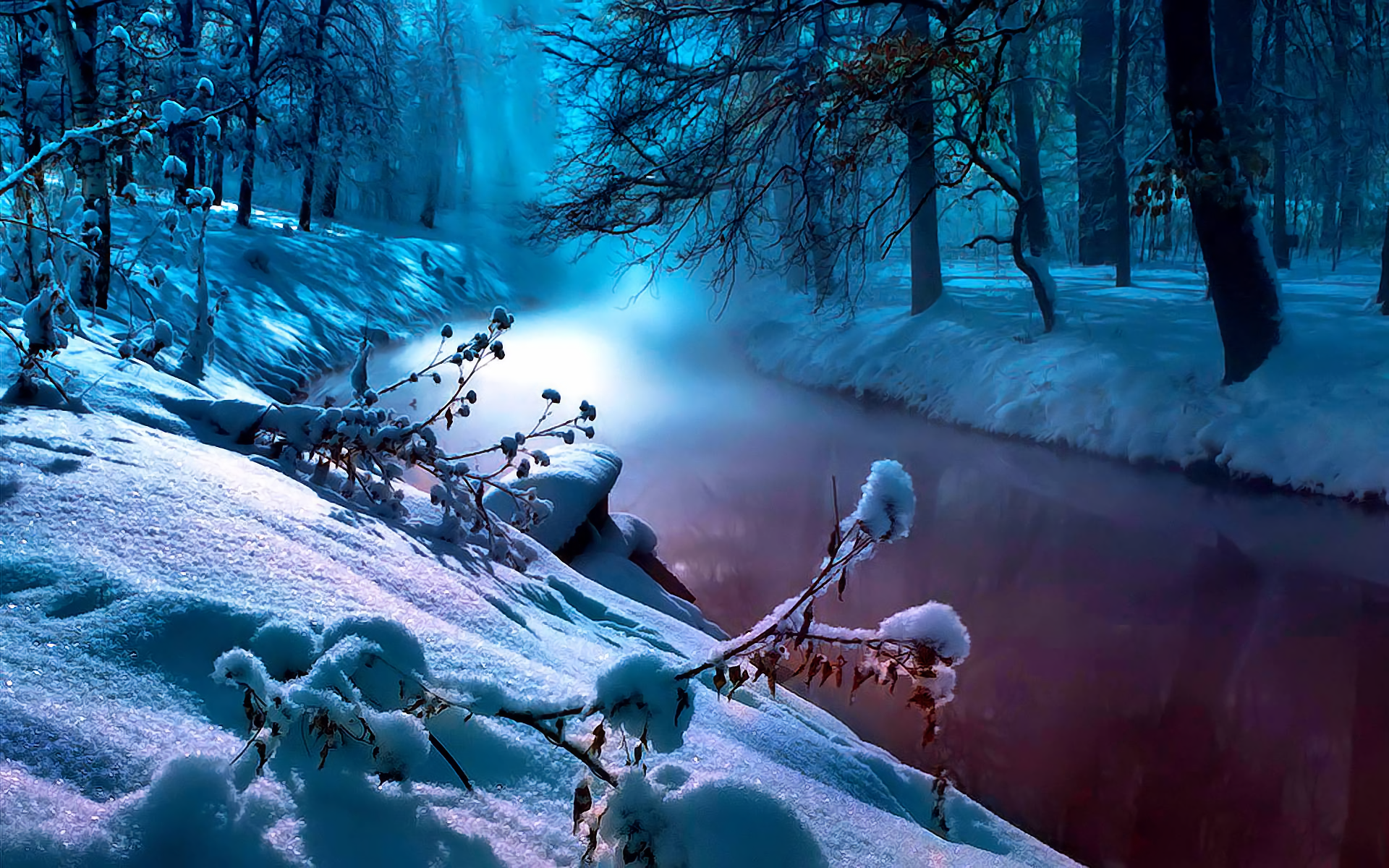 Winter Serenity: A Blue River HD Wallpaper Amidst Snowy Trees