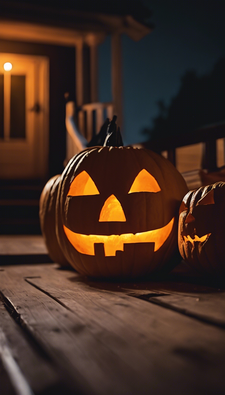 Jack O' Lanterns Lined Up On The Porch, Illuminating The Darkness Of A Halloween Night. Wallpaper [d2bbf1839fdd45c18dd9] By Wallpaper HD