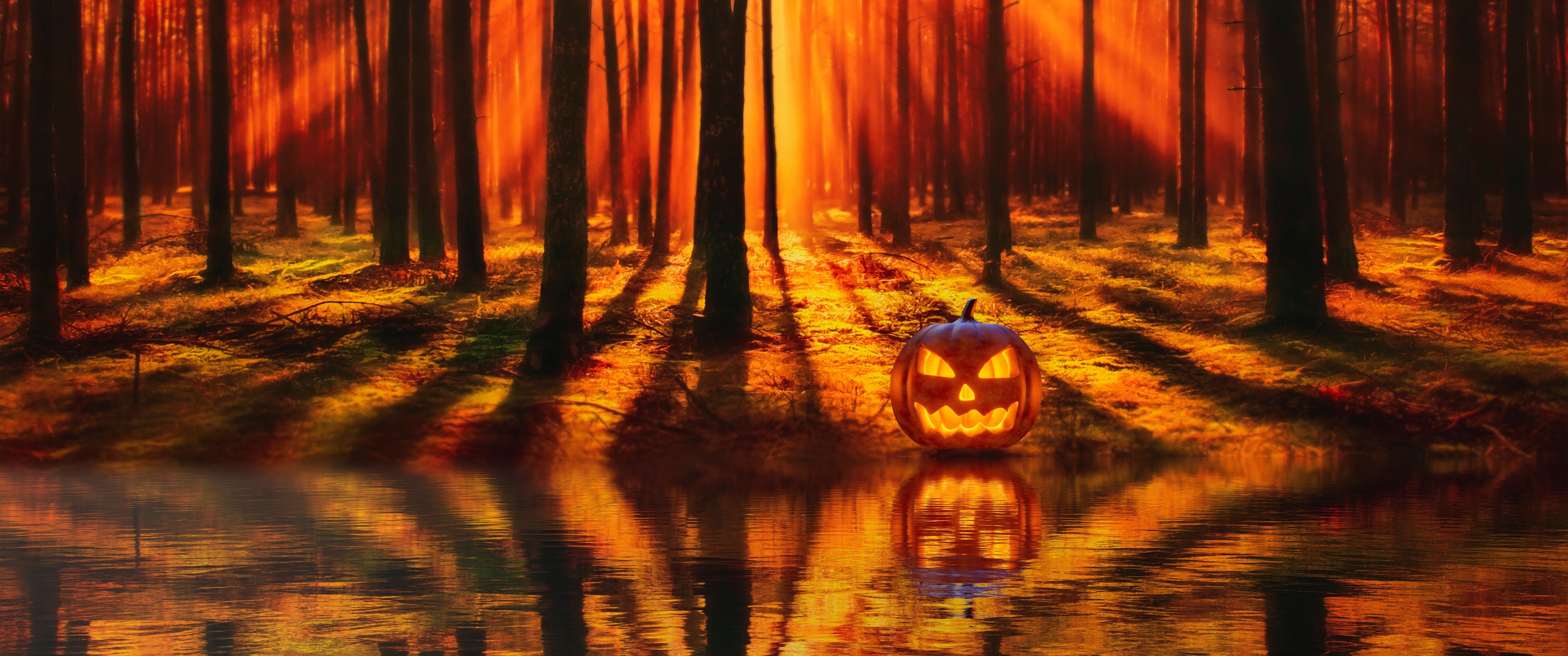Jack O' Lantern Wallpaper 4K, Halloween Pumpkin, Forest, Lake