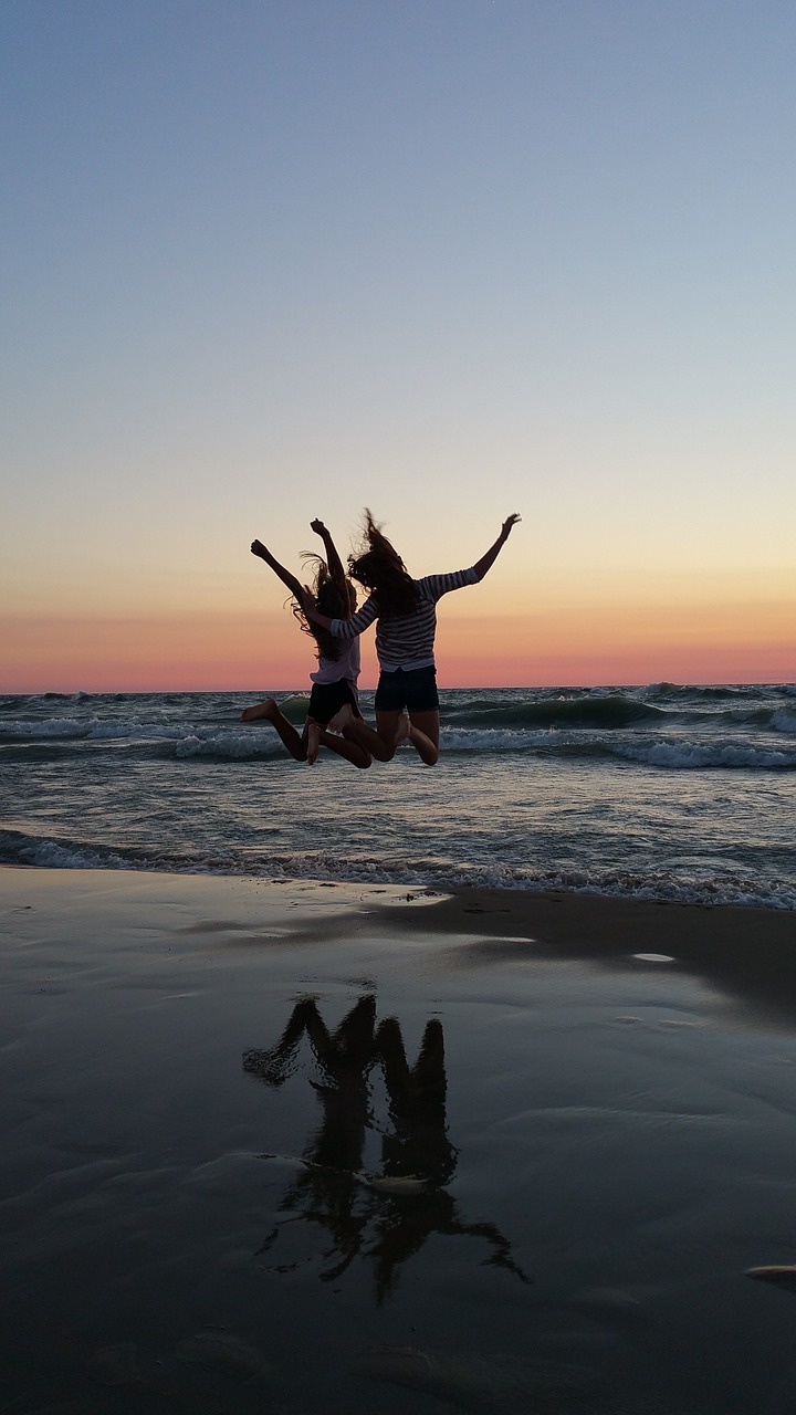 friends, sunset, beach, jumping, cheer