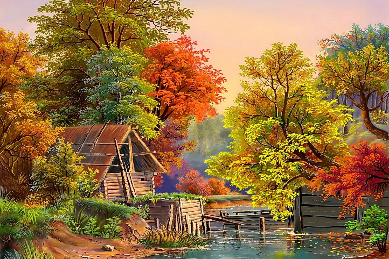 Autumn Tranquility: Artistic Pond and Shack HD Painting Wallpaper