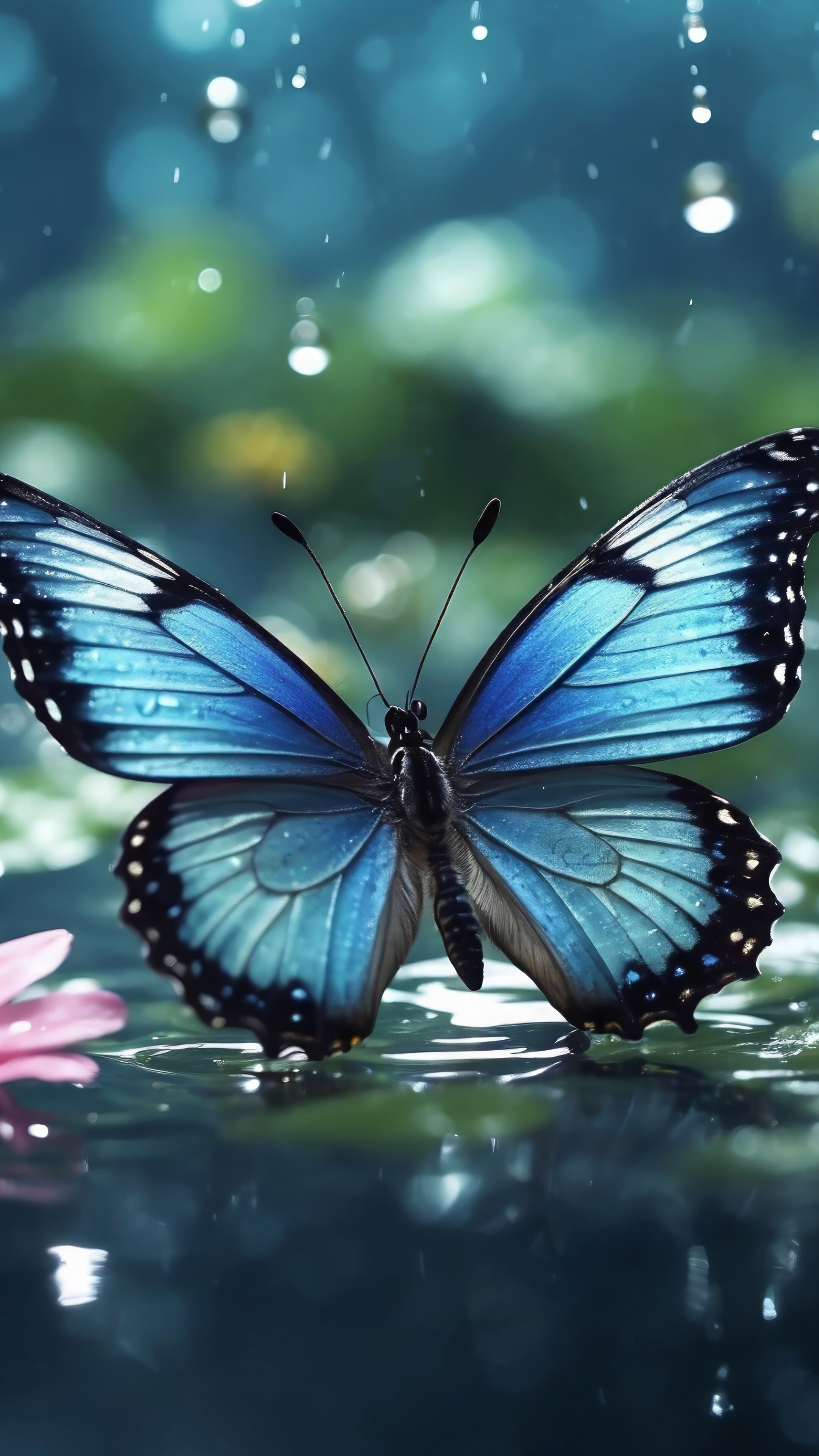 Butterfly Rain Drop Flowers 4K