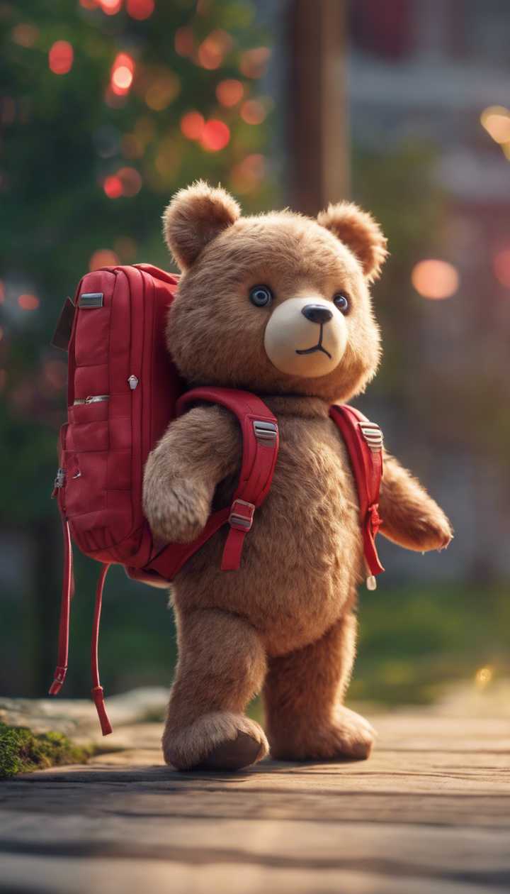 A bear showing off its red backpack