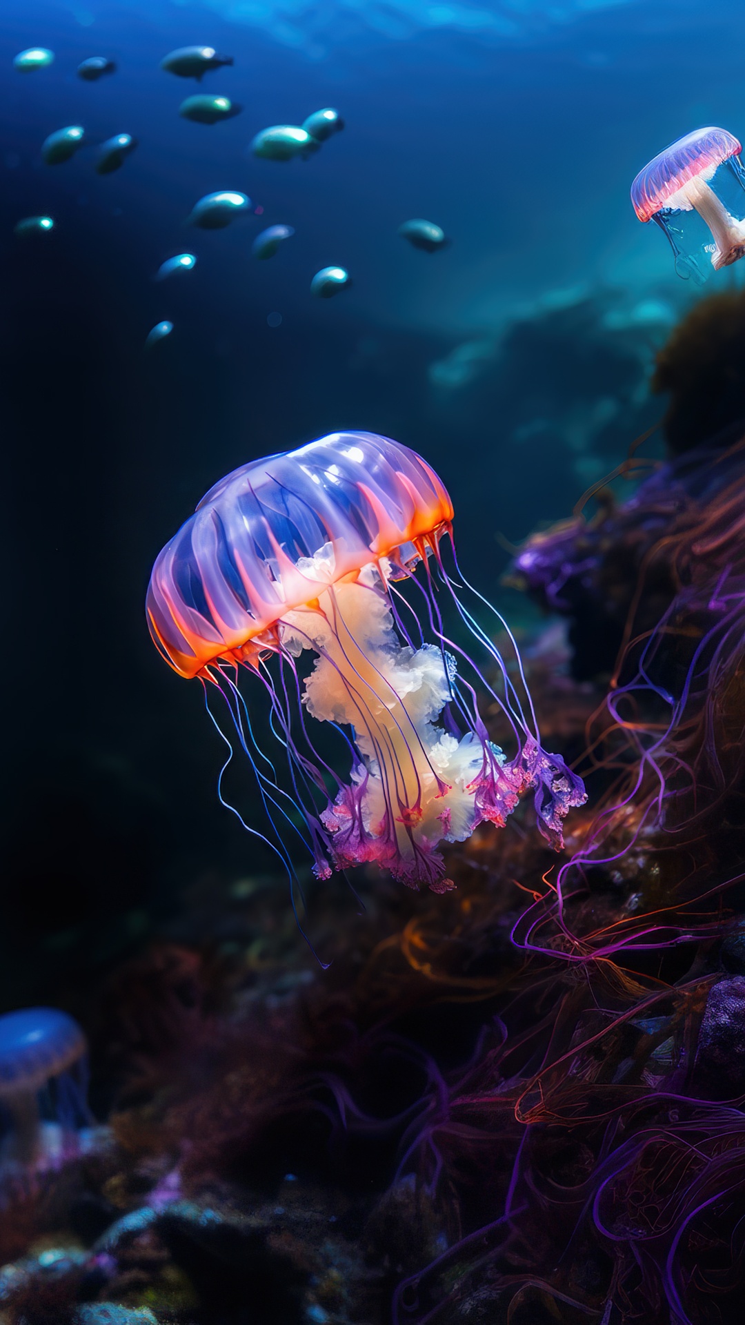 Jellyfishes Wallpaper 4K, Coral reef