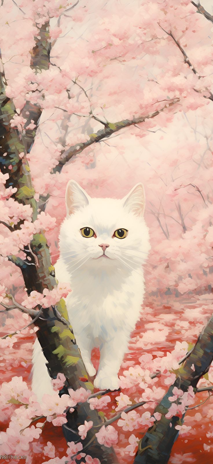 White Cat in Cherry Blossom Field