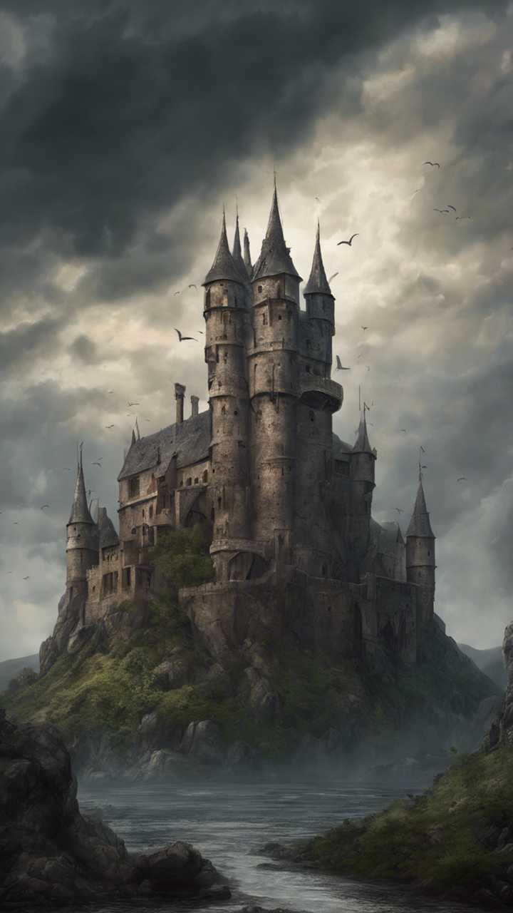 Gloomy medieval castle in a dark fantasy videogame under a stormy sky. Wallpaper [76502998341846429060]