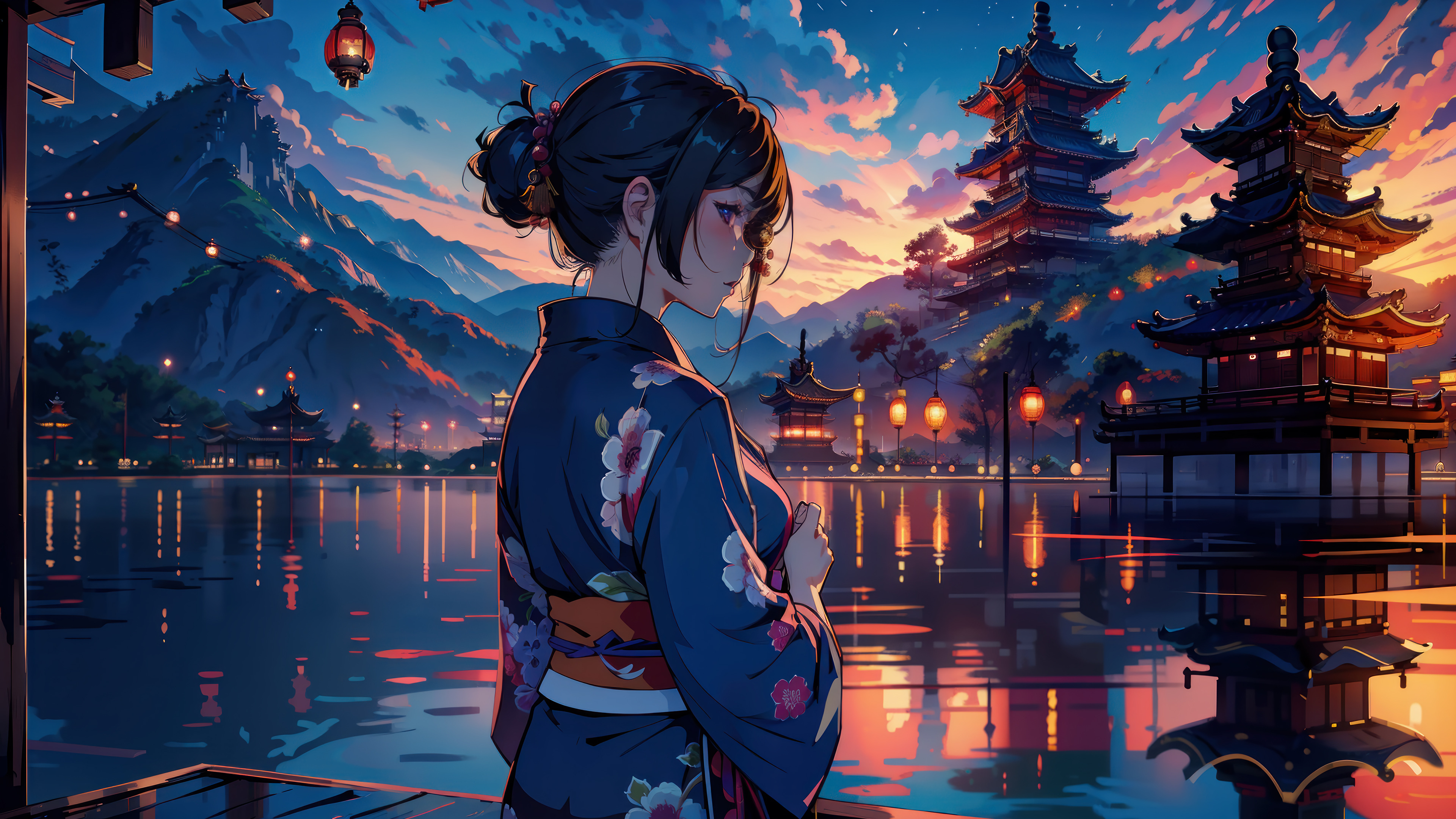 Anime Girl Kimono Japanese Castle