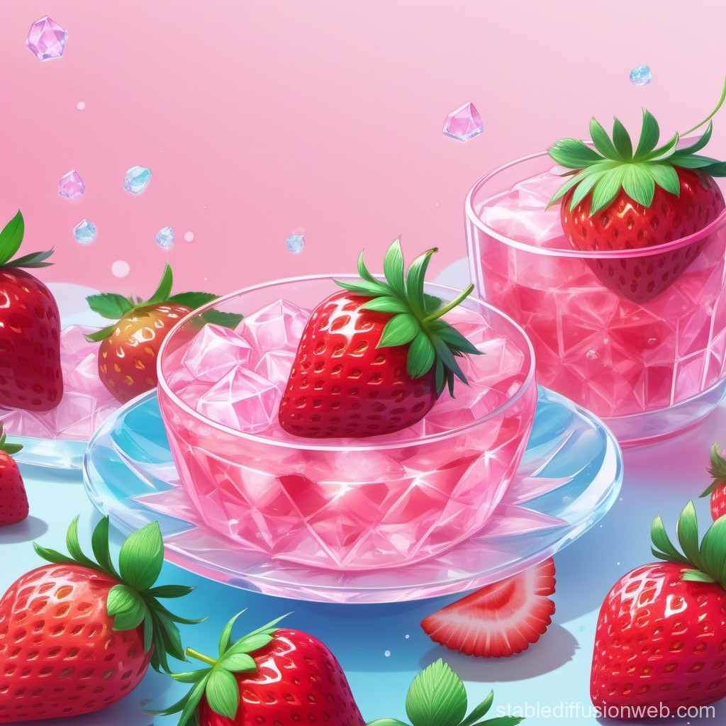 Pink Ice Cream & Strawberries Cartoon Wallpaper. Stable Diffusion Online