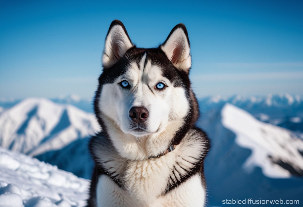 Siberian Husky On Snow Covered Mountain