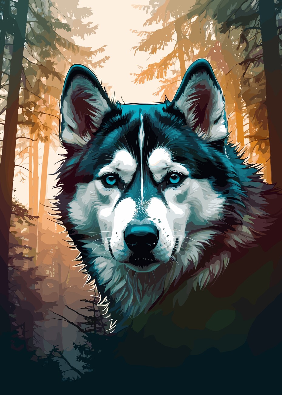 Wall Art Print. Siberian Husky Forest