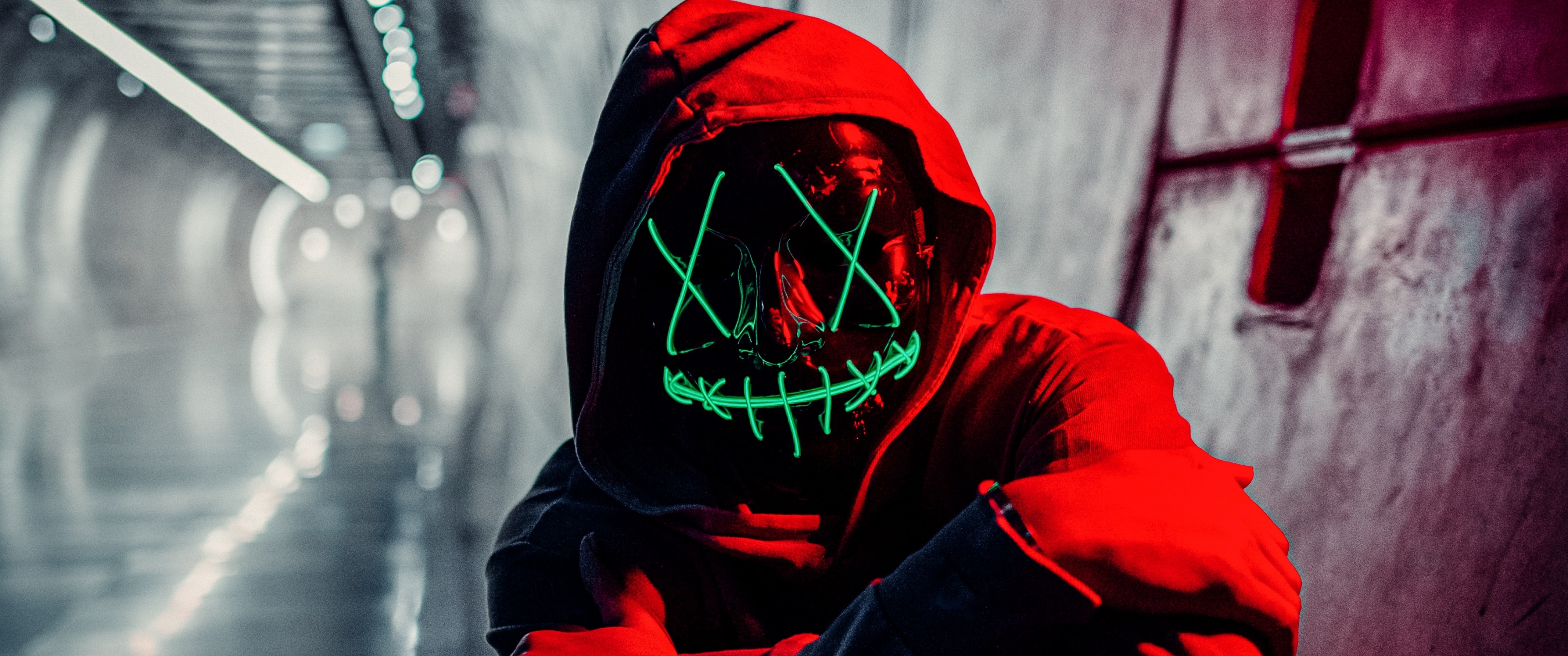 Neon Mask Wallpaper 4K, Red Hoodie