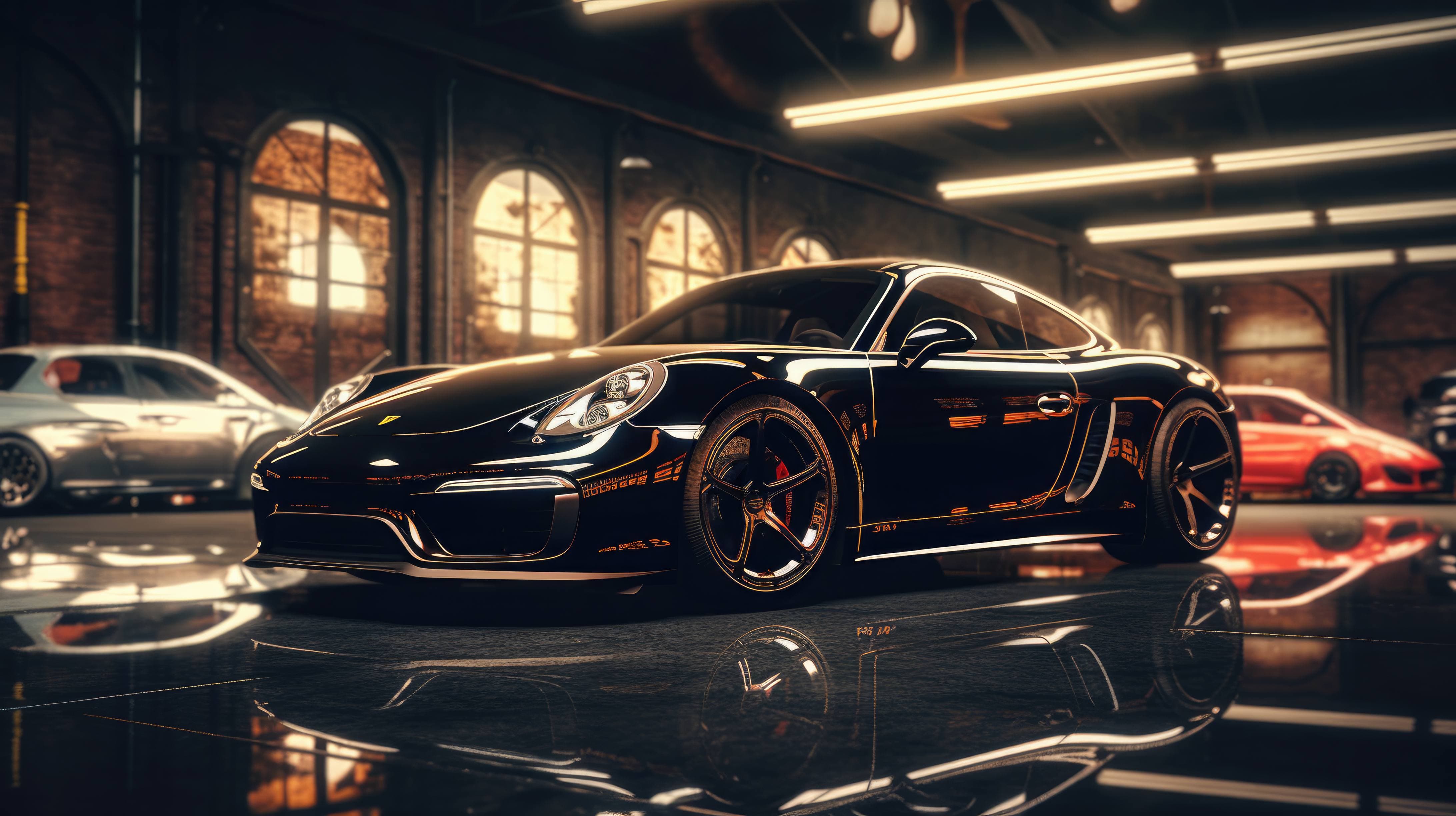 black Porsche 911 parked in a garage