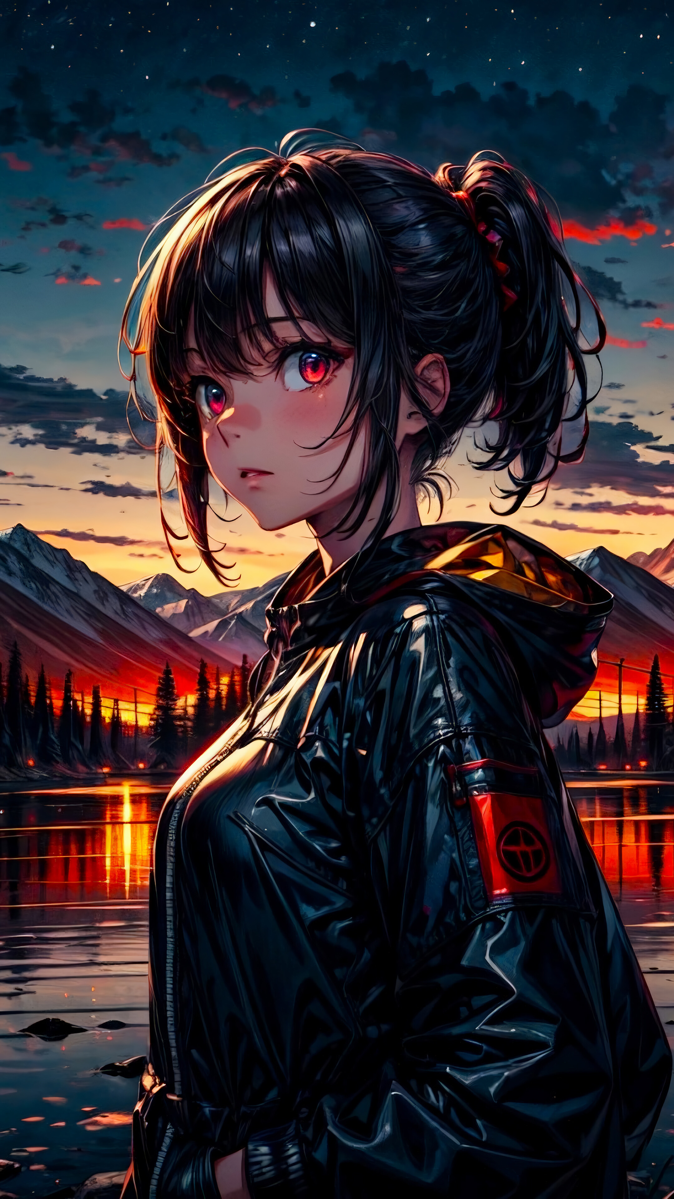 Anime Girl Lake Mountain Night Moon 4K