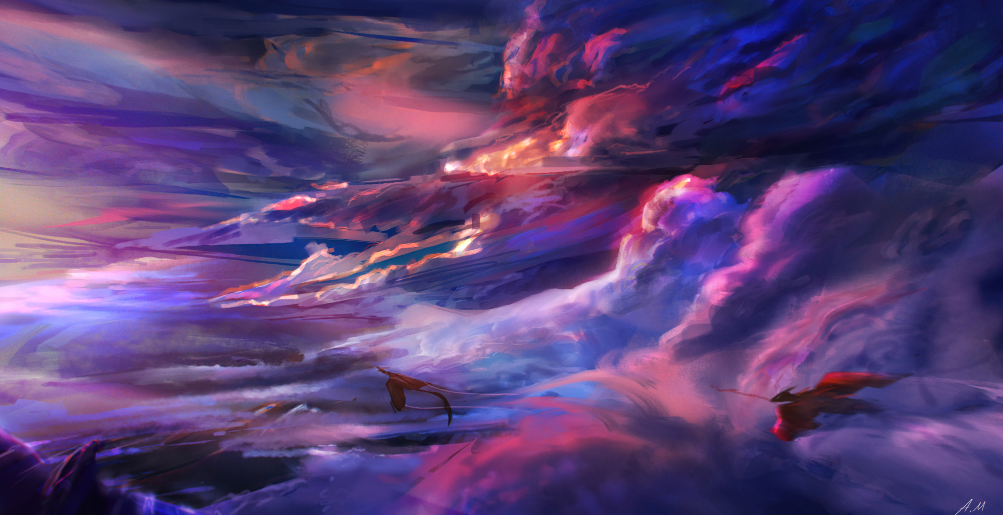Purple Sky Dragons 4k Wallpaper, HD