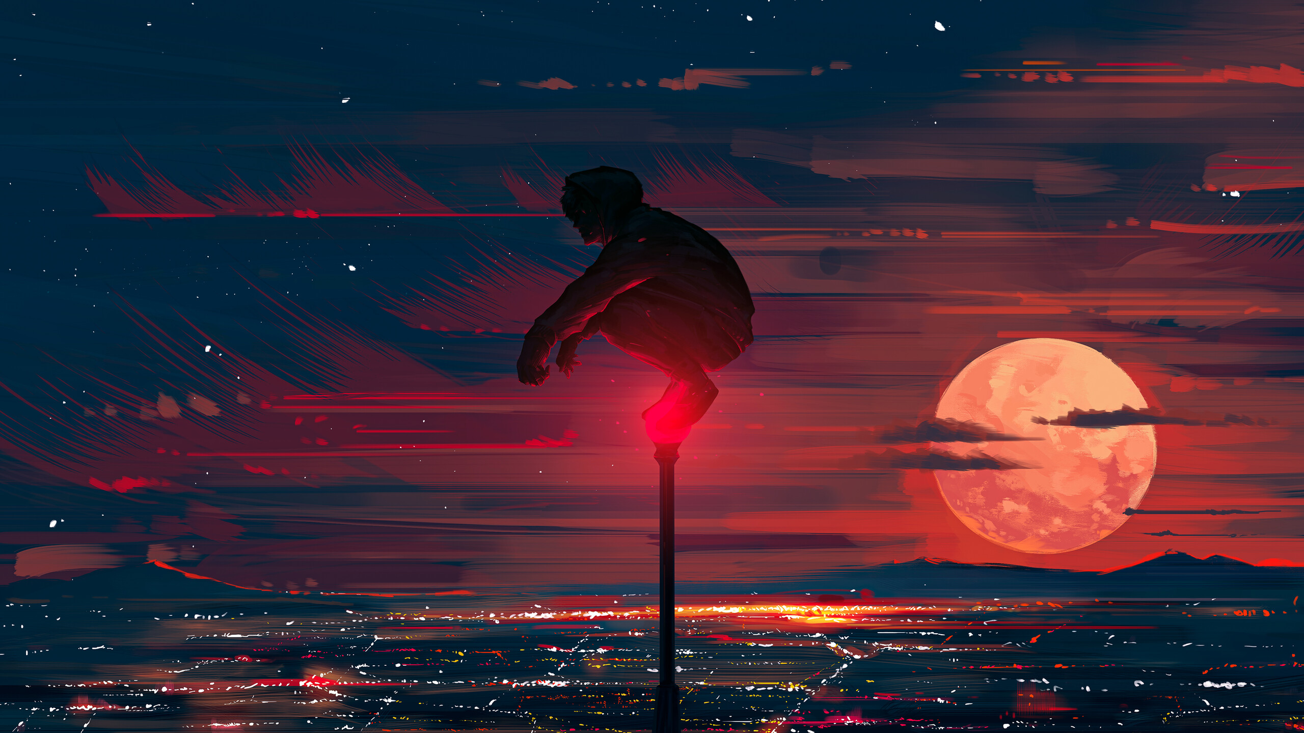 Alone Boy Moon Night Scenery Art 4K