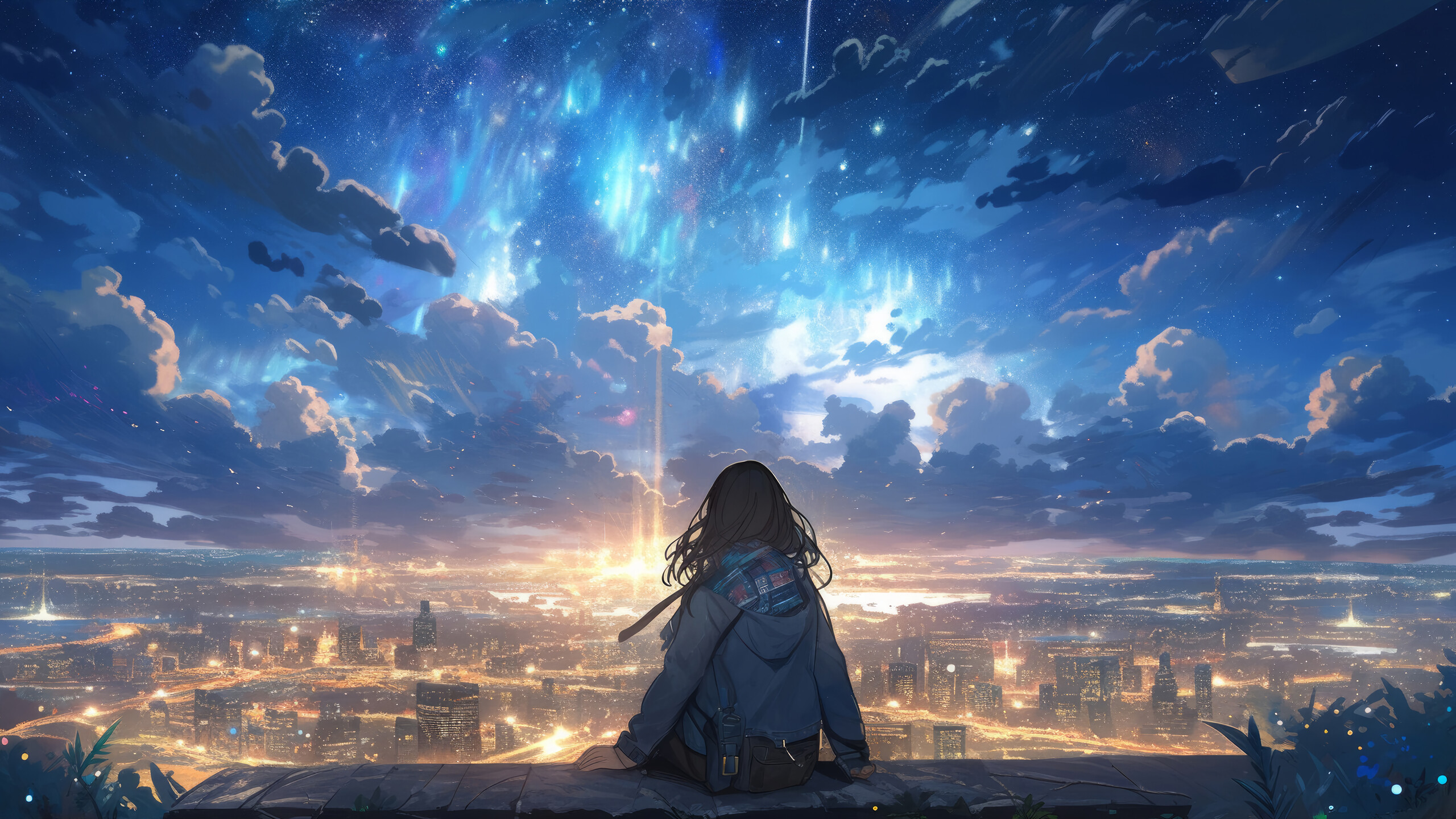 Anime Girl Alone Night Scenery