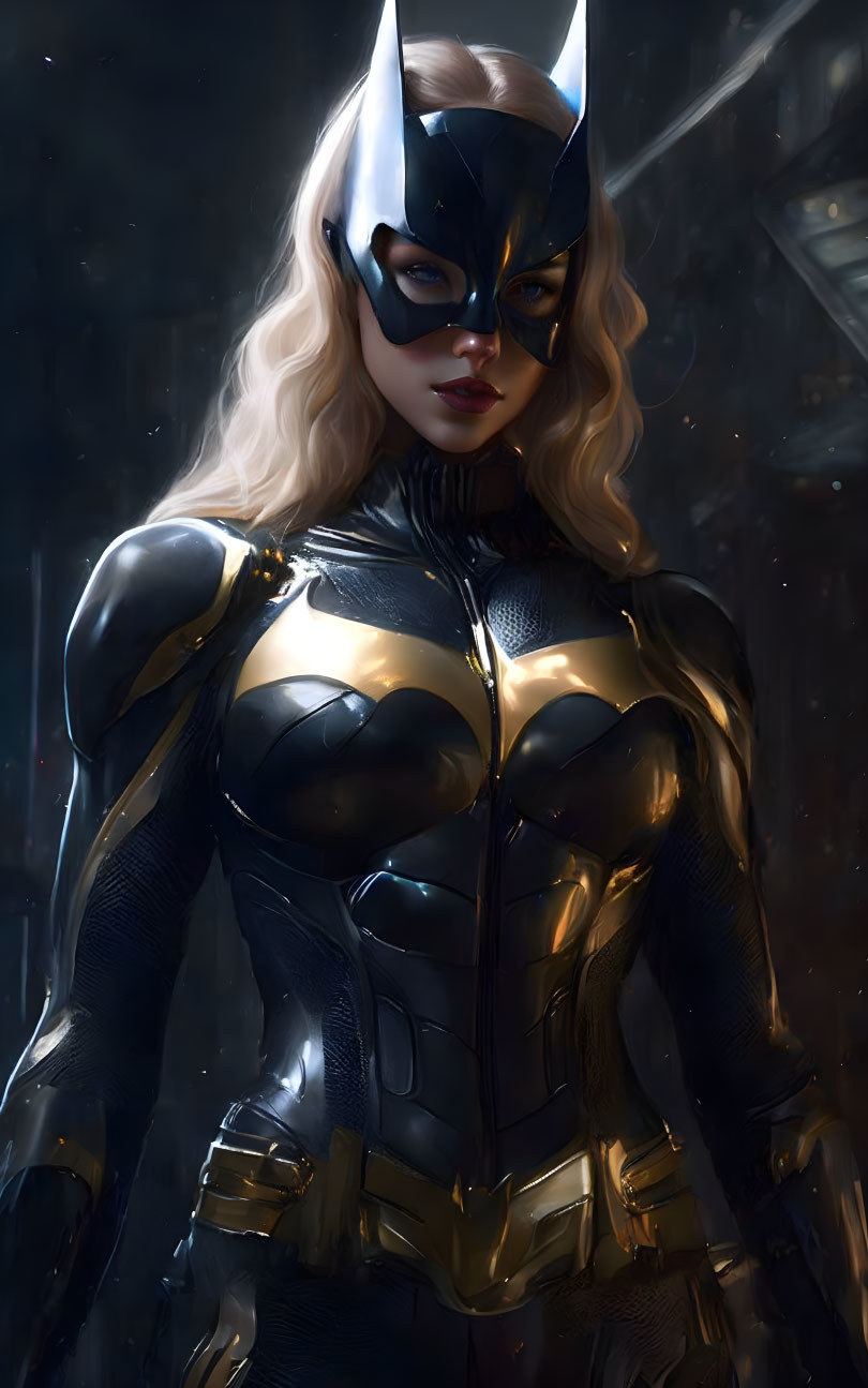 Woman in Black & Gold Batgirl Costume