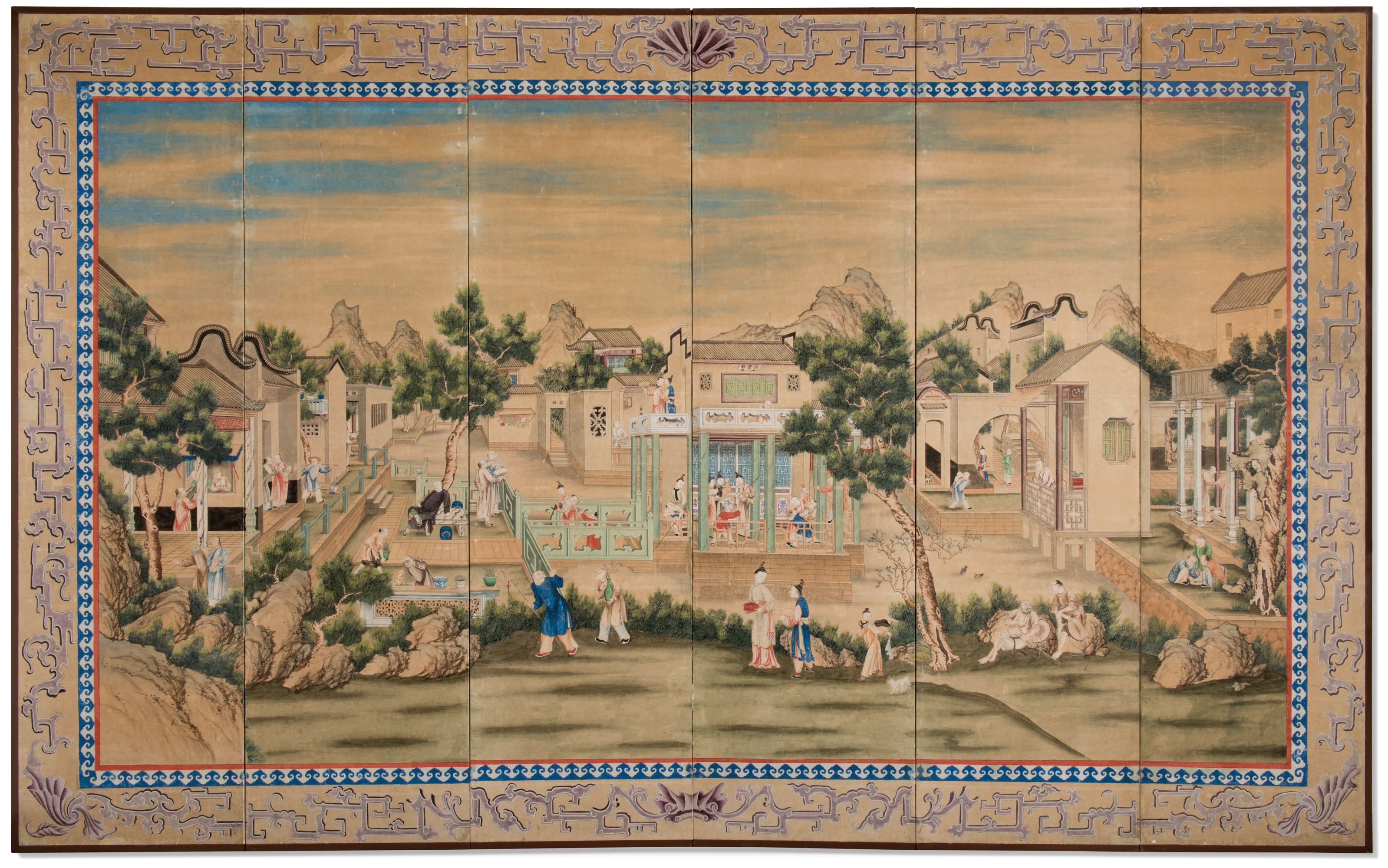 A CHINESE PAINTED WALLPAPER SIX PANEL