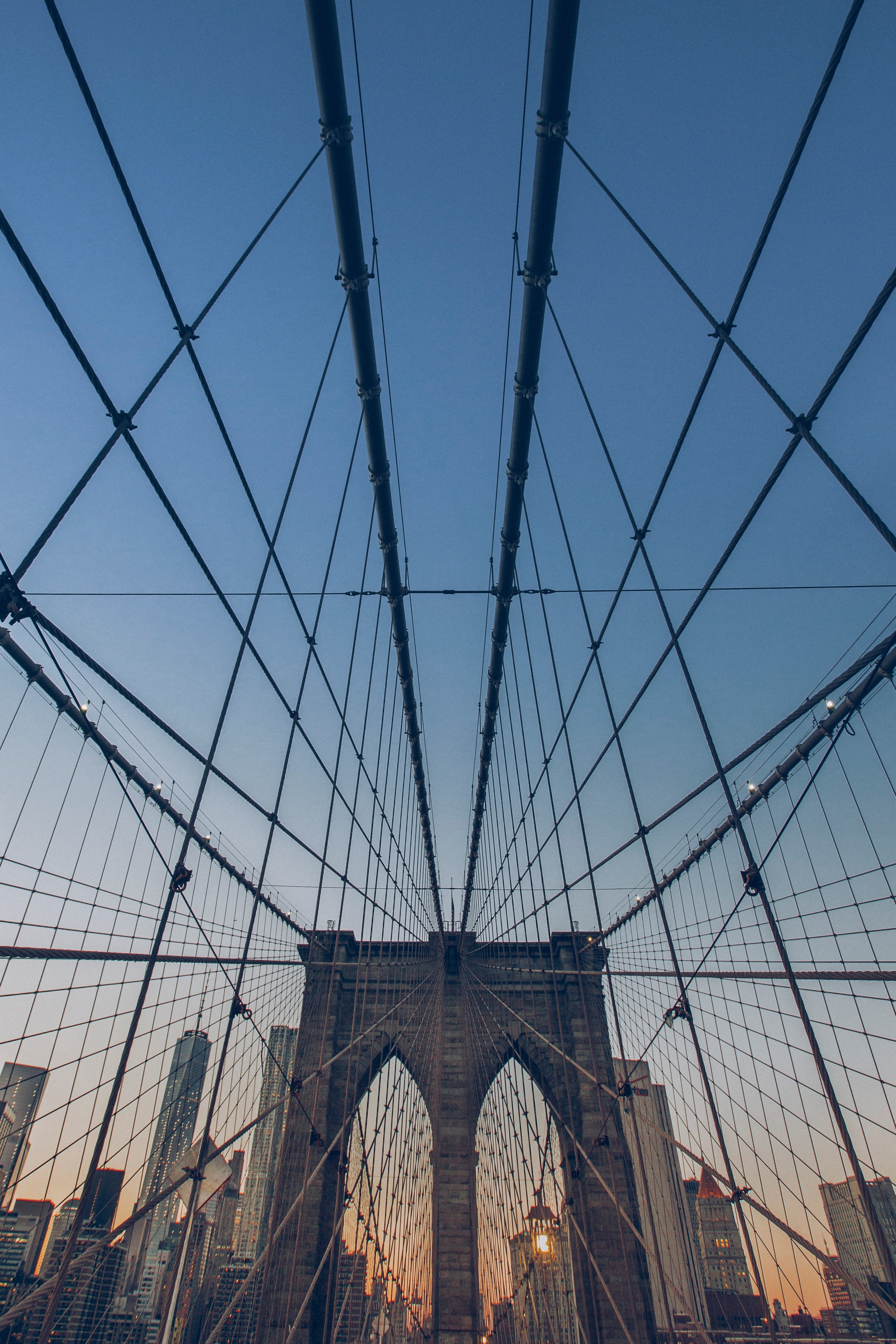 Worm's eye view of suspension bridge