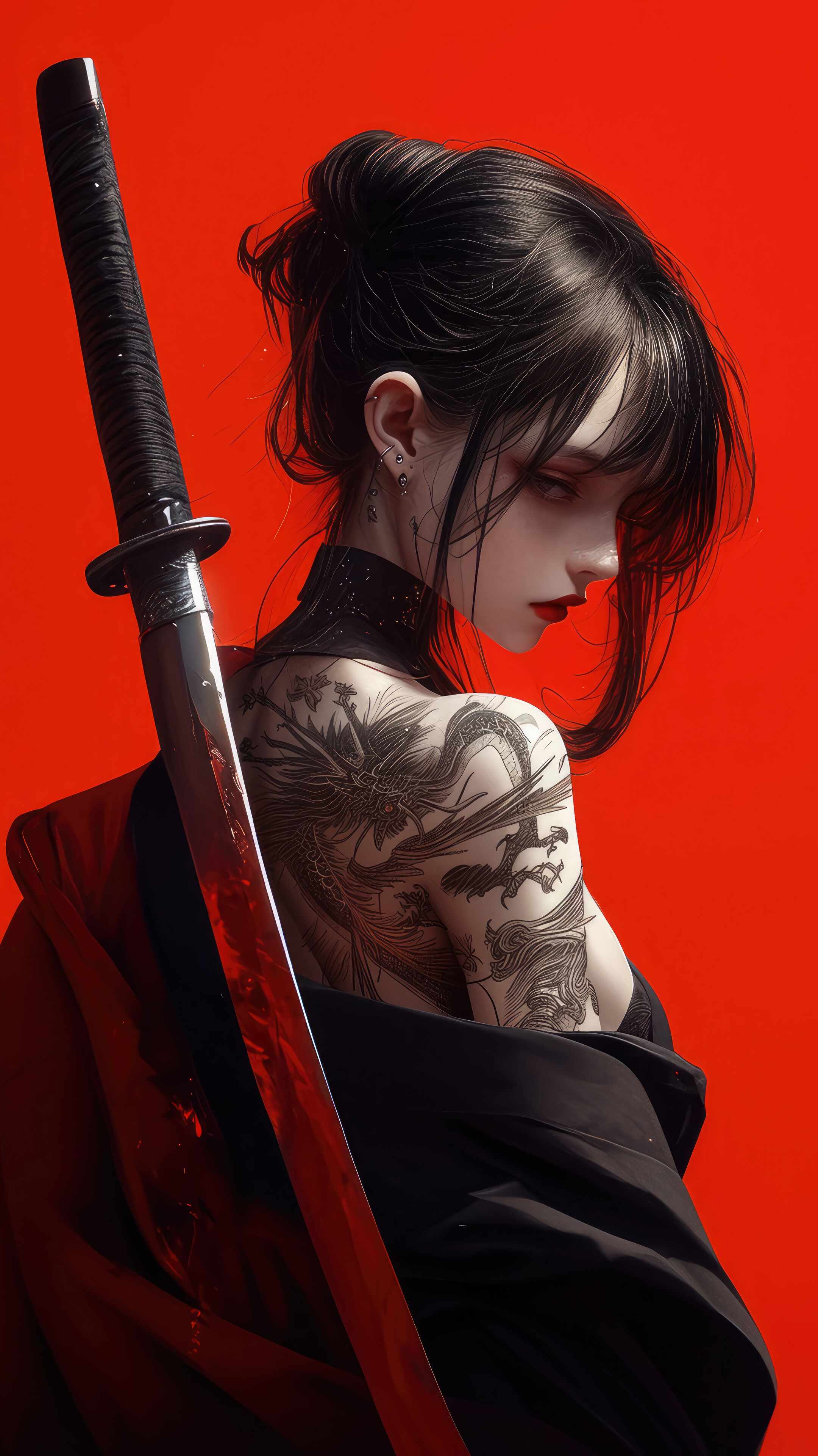 Anime Girl Katana Tattoo 4K Wallpaper