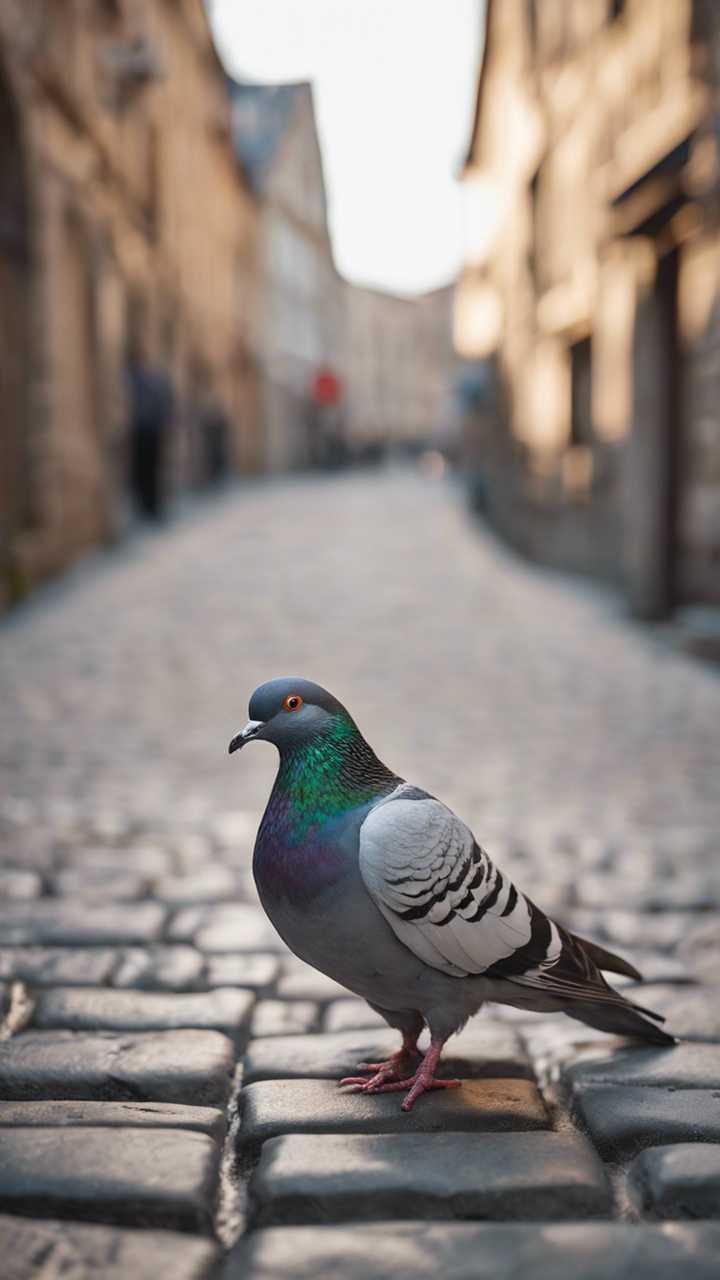 A pigeon standing on cobblestone street