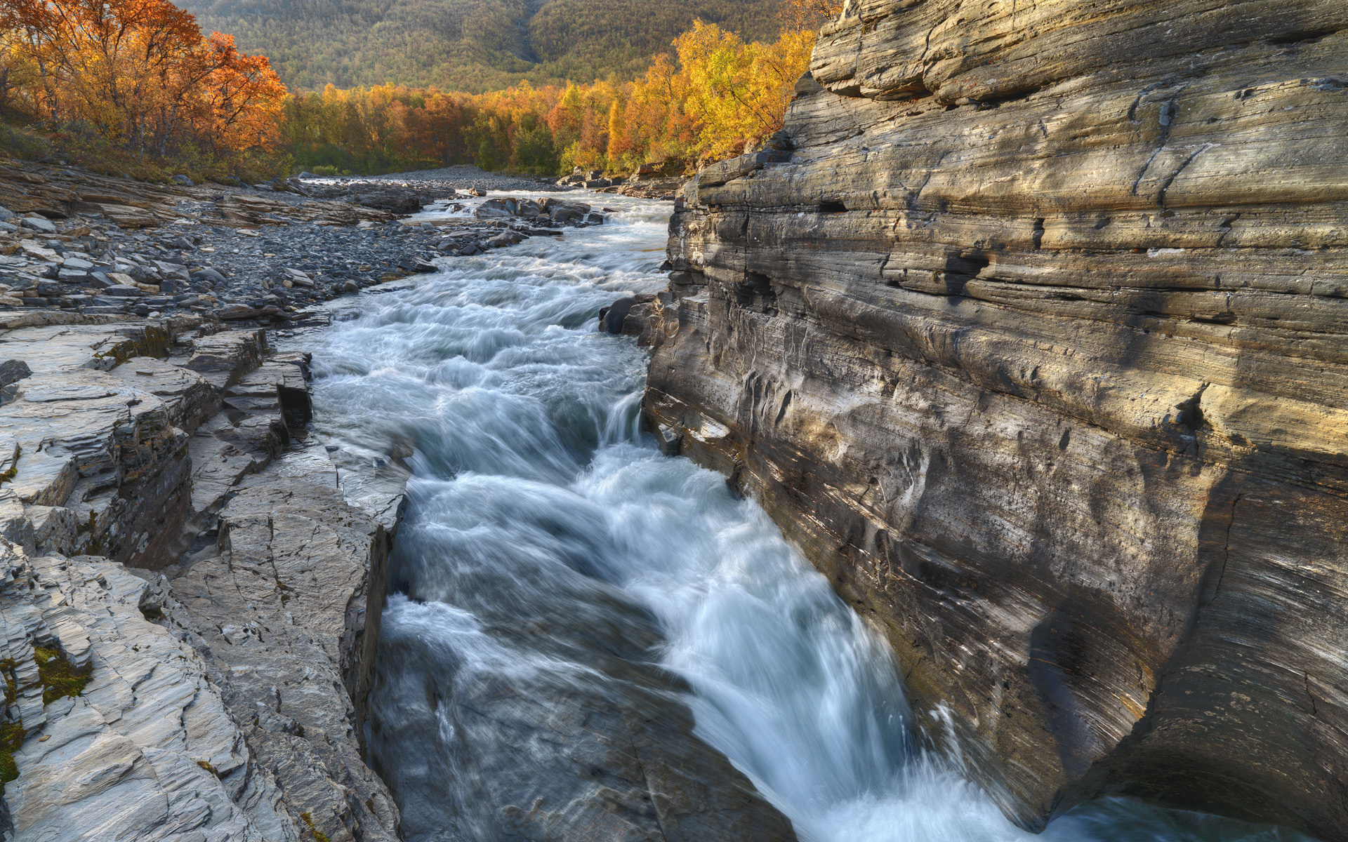 Wallpaper autumn, rock, river, Sweden