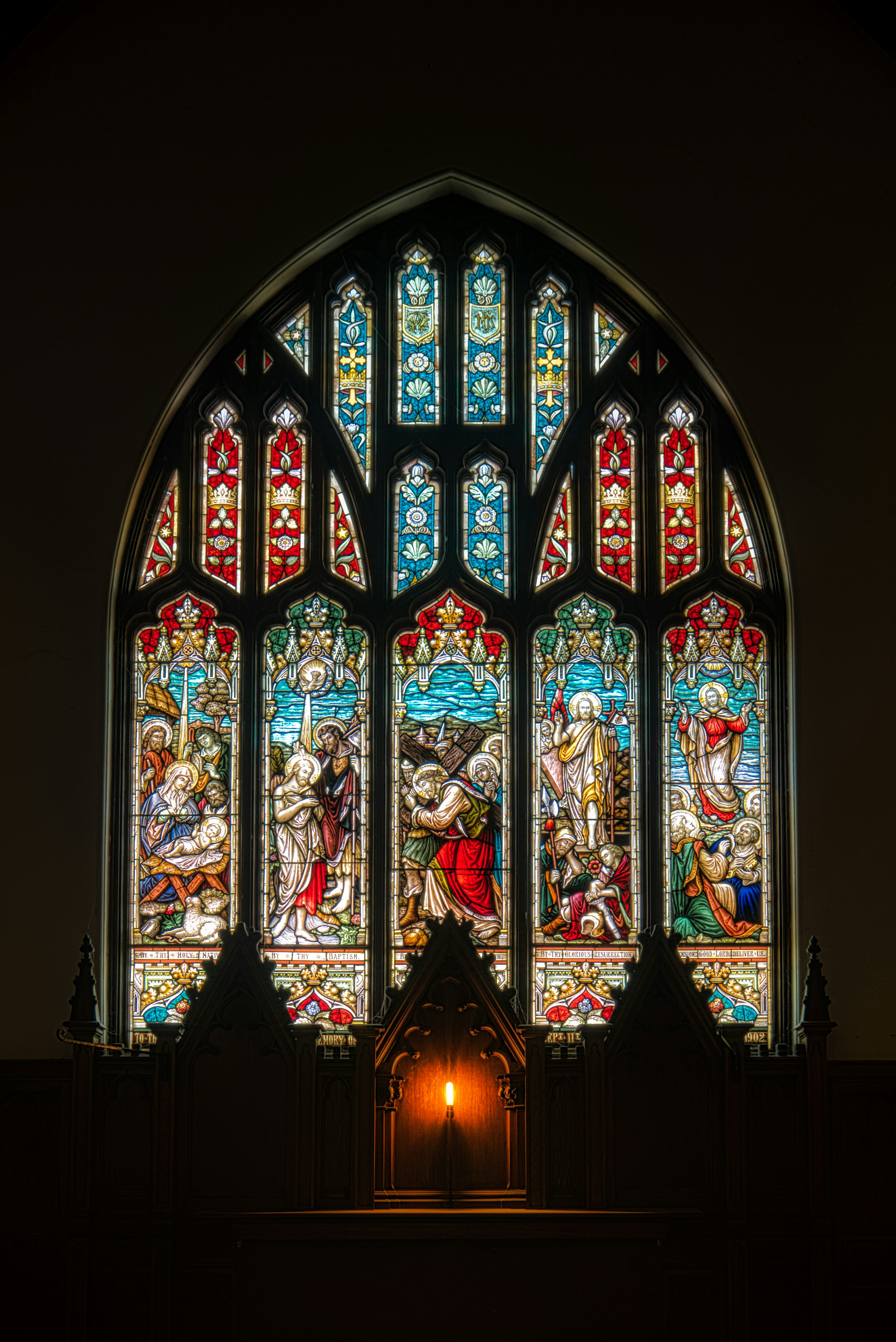 red religious stain glass decor photo