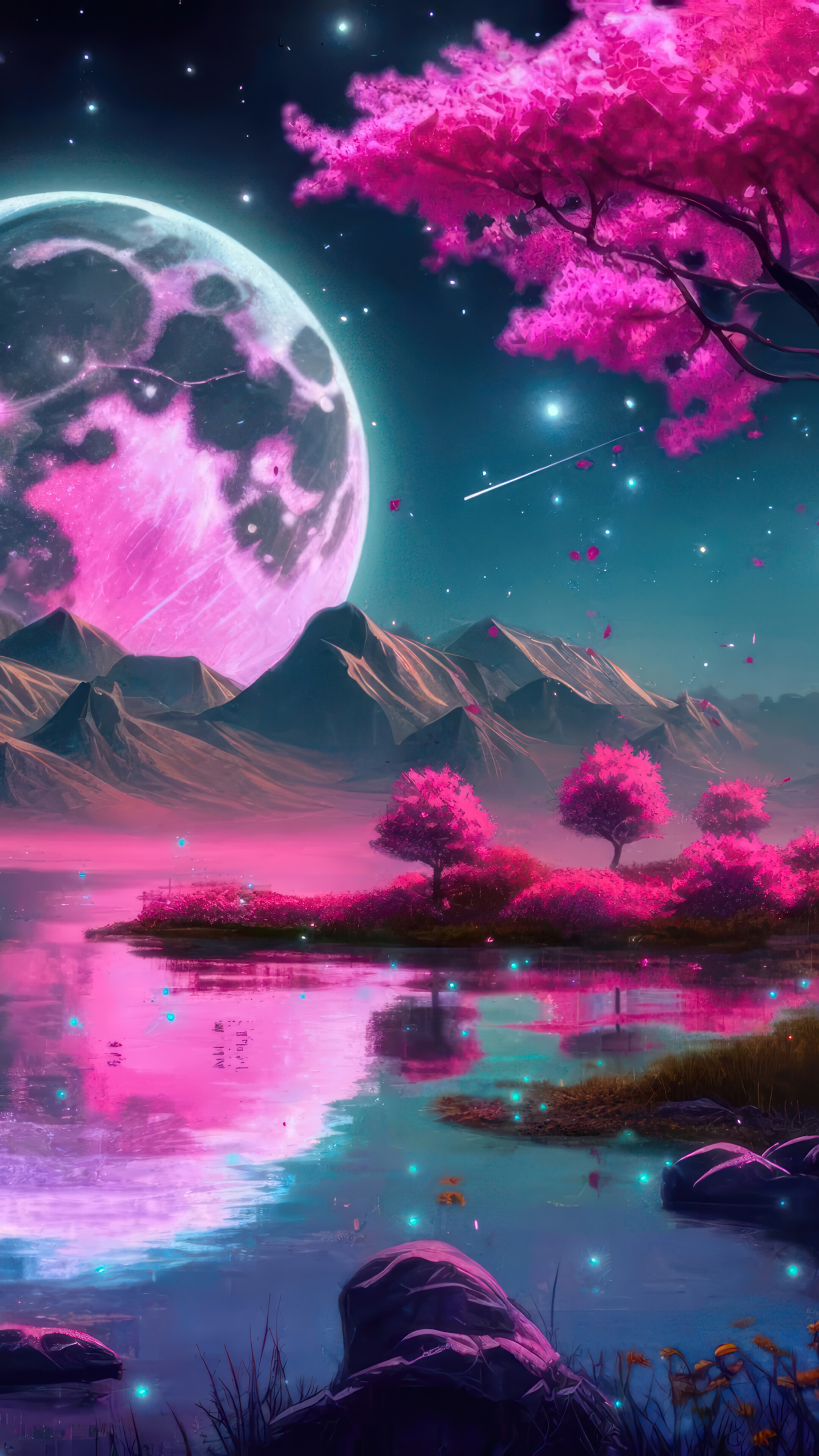 Moon Night Cherry Blossom Scenery 4K