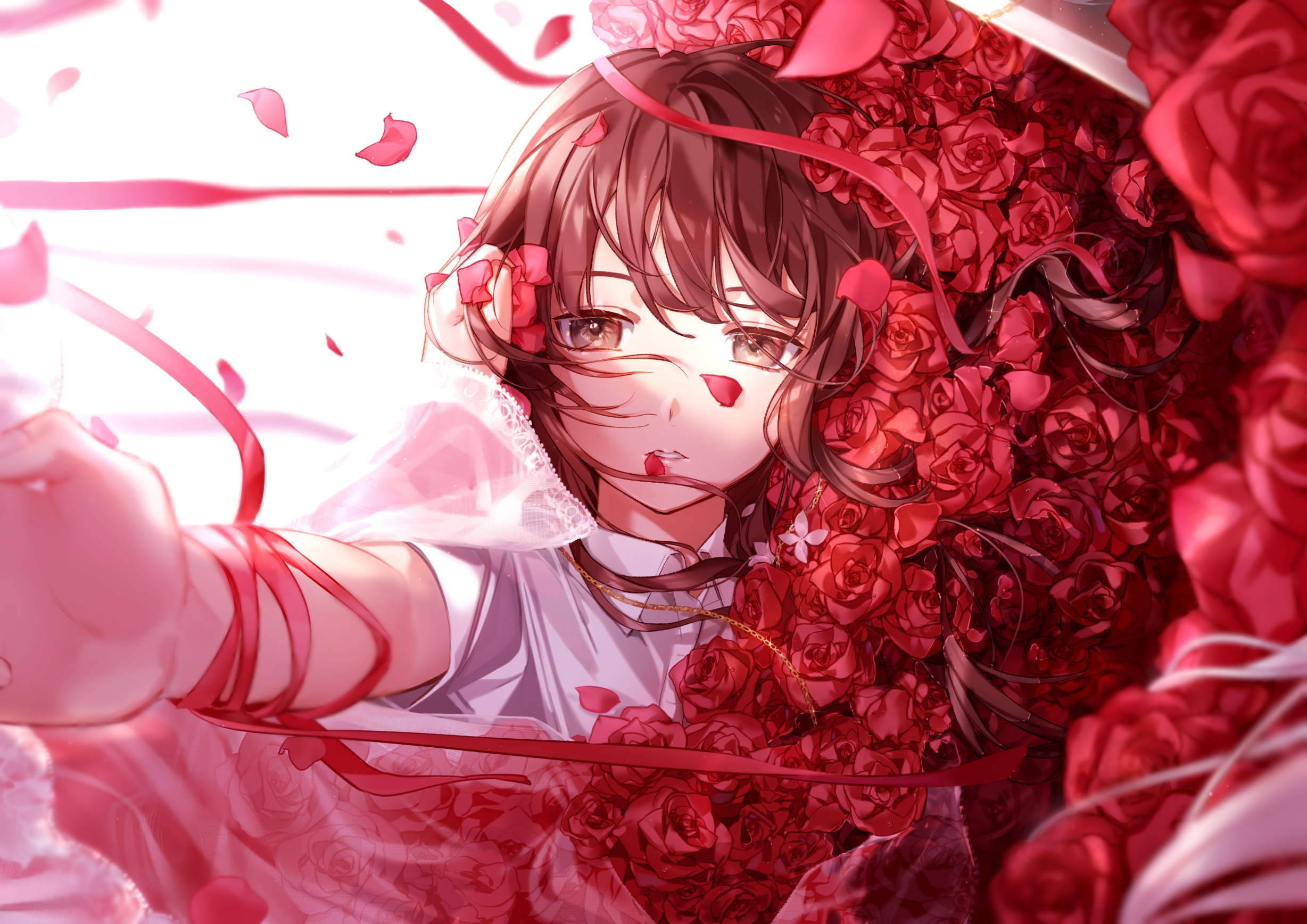 Wallpaper girl, roses, bouquet, red