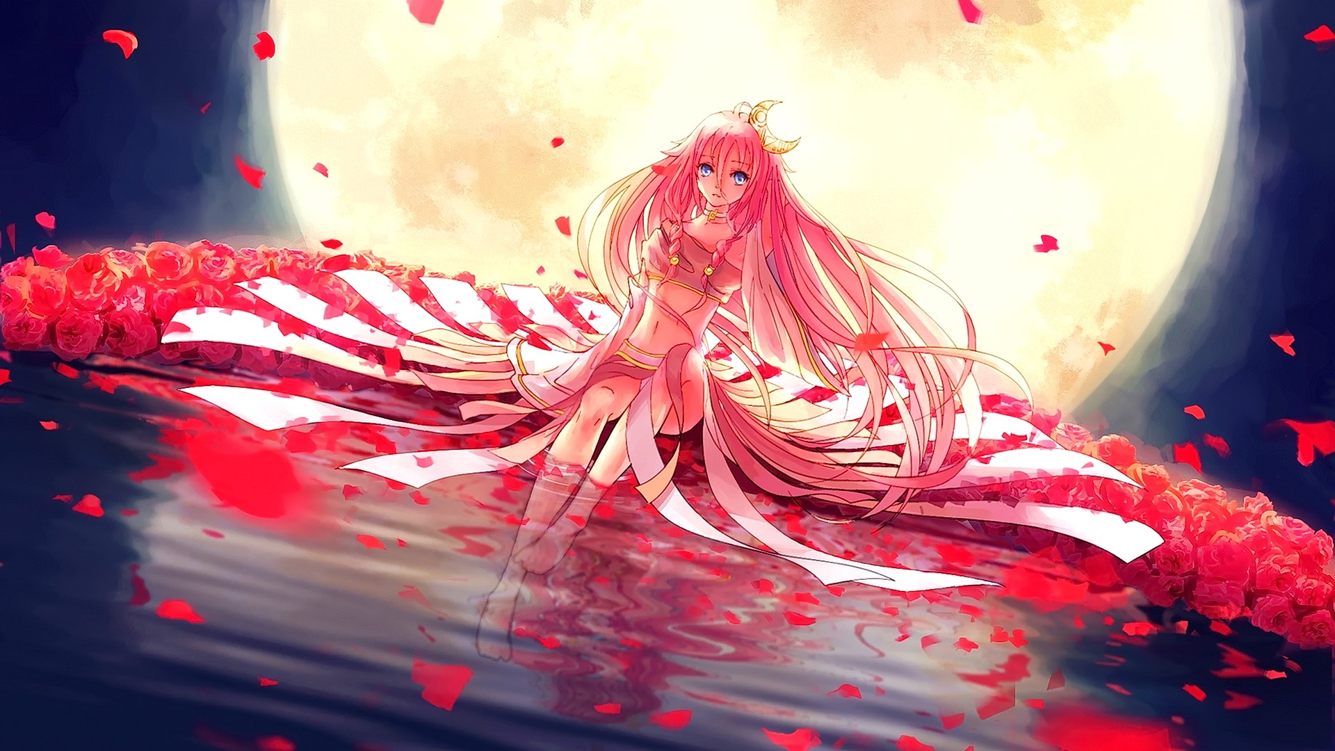 flower petals, Vocaloid, Moon, anime