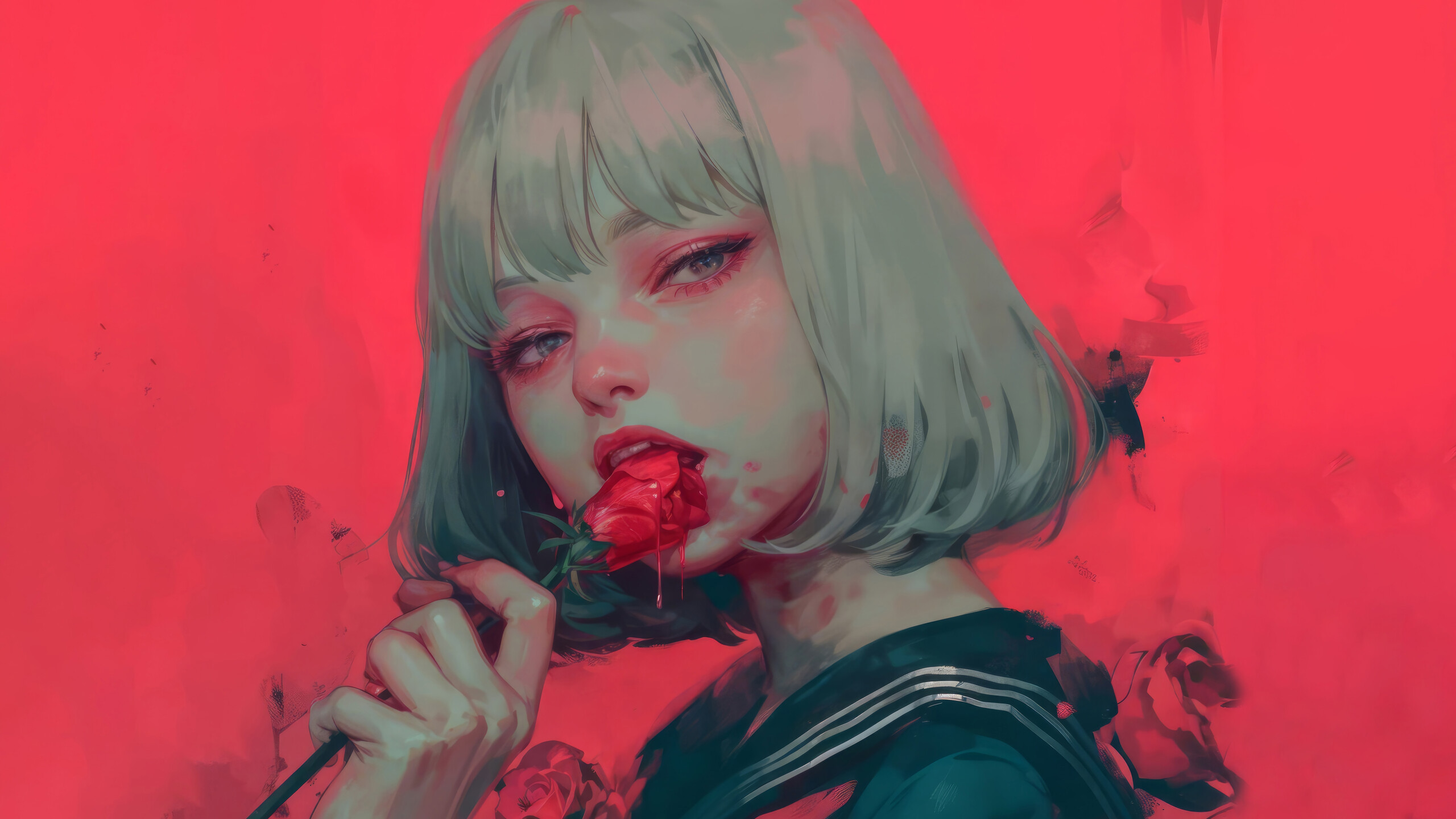 Anime Girl Rose Flower Short Hair 4K