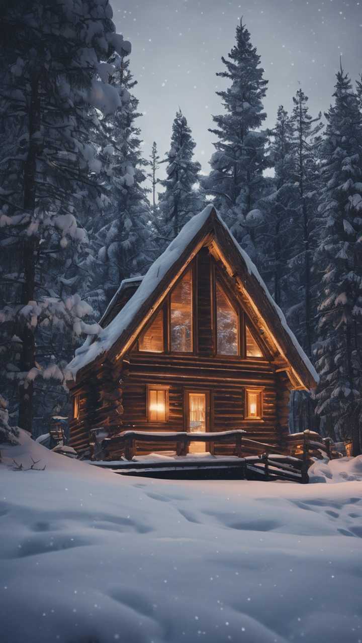 A cozy wooden cabin nestled in a snow