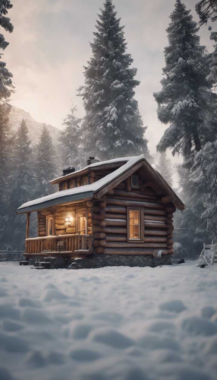 A cozy log cabin nestled in a snowy