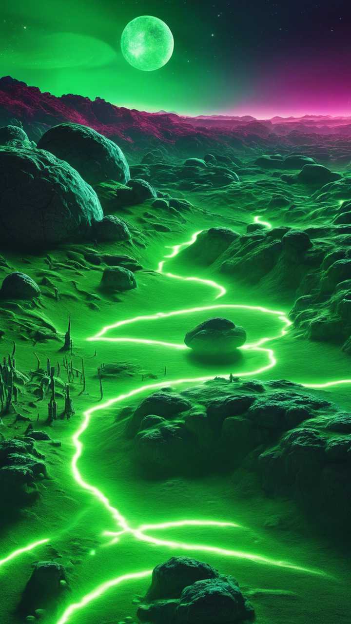 An alien planet landscape illuminated