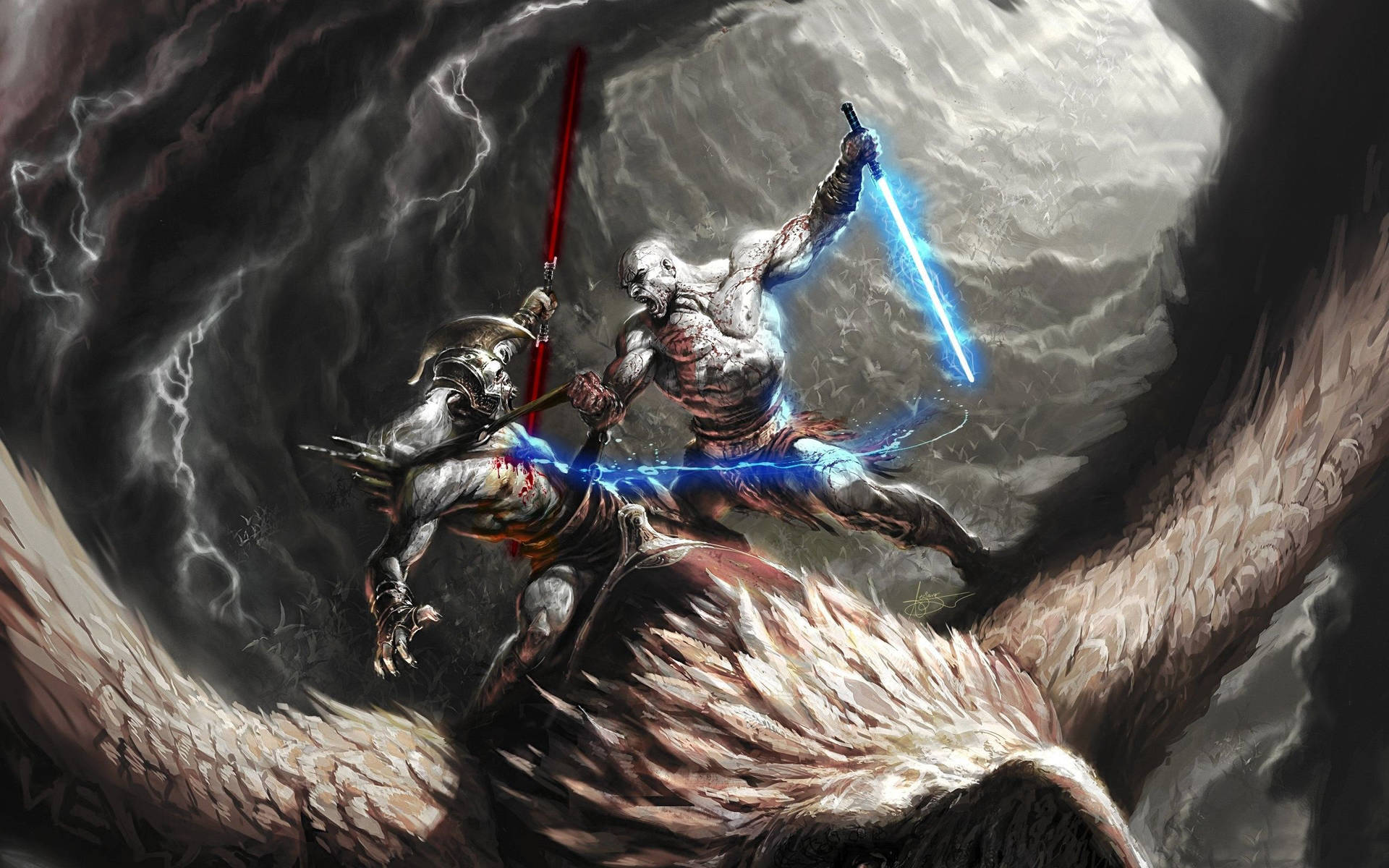 Download Kratos of God Of War, brandishing his trademark Blades of Exile. Wallpaper