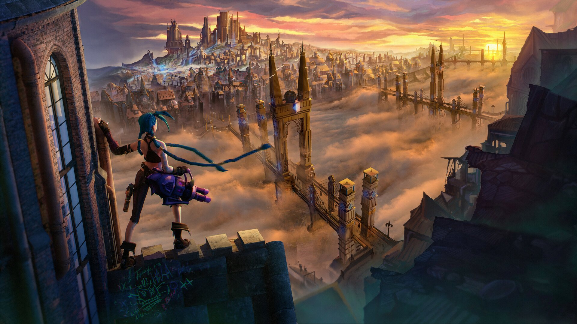 Arcane HD Wallpaper: Jinx Overlooking the Cityscape from League of Legends TV Show